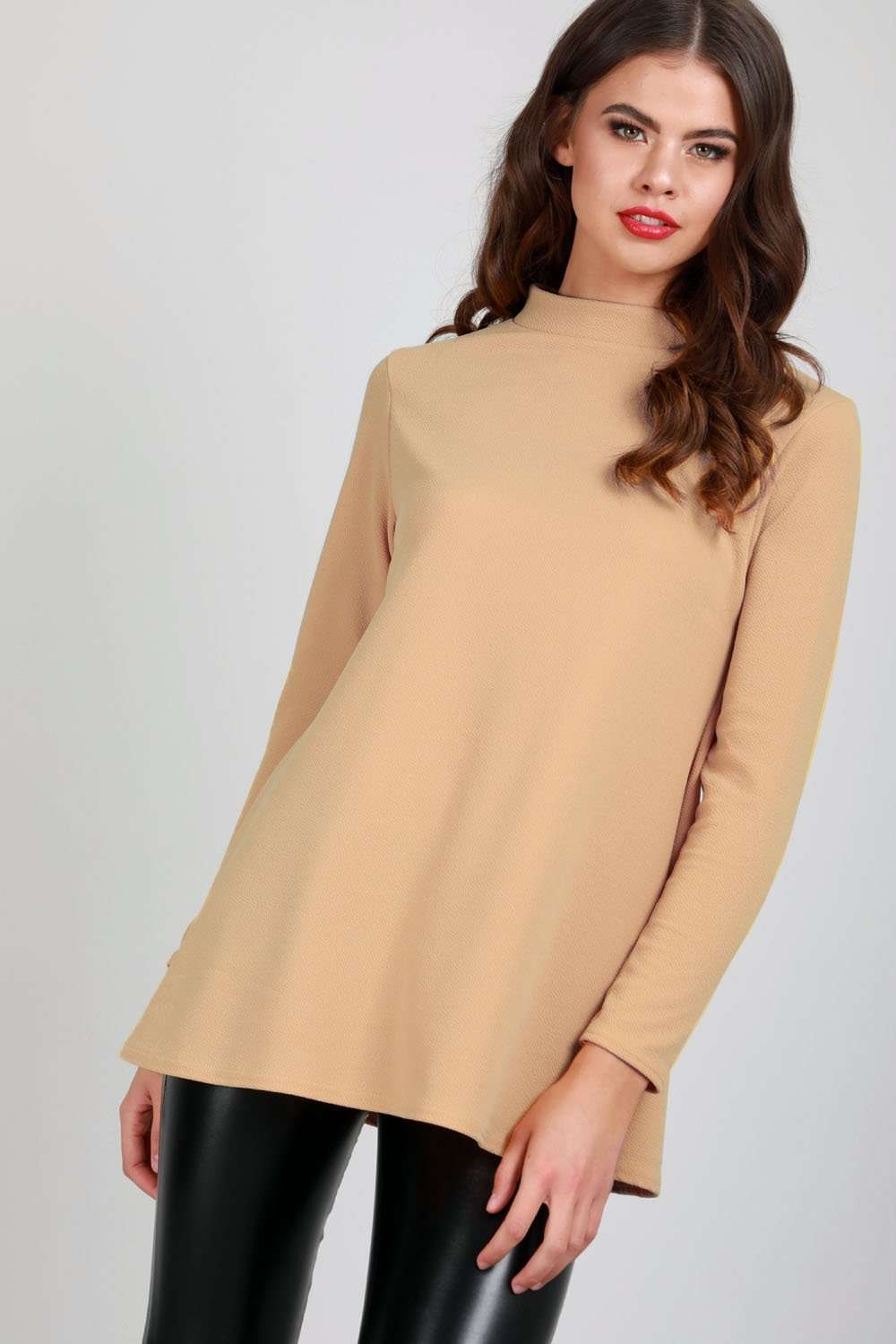 High Neck Long Sleeve Grey Swing Top - bejealous-com