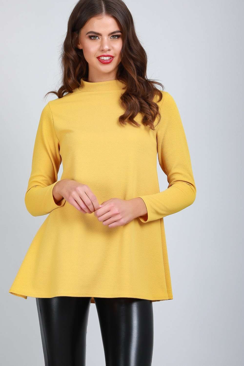 High Neck Long Sleeve Grey Swing Top - bejealous-com