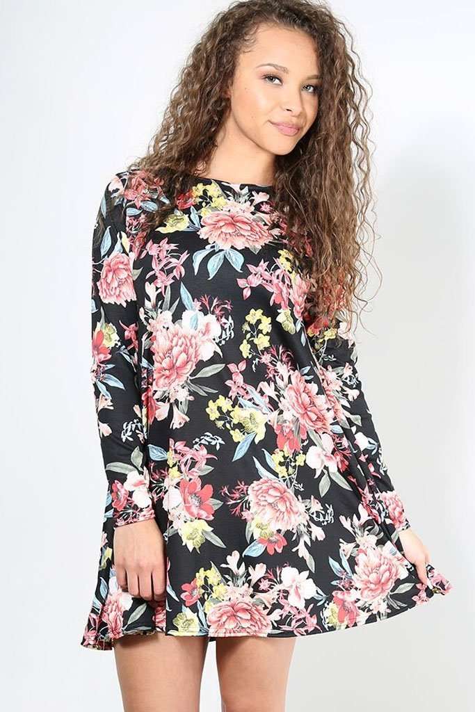 Casey Long Sleeve Floral Mini Skater Dress - bejealous-com