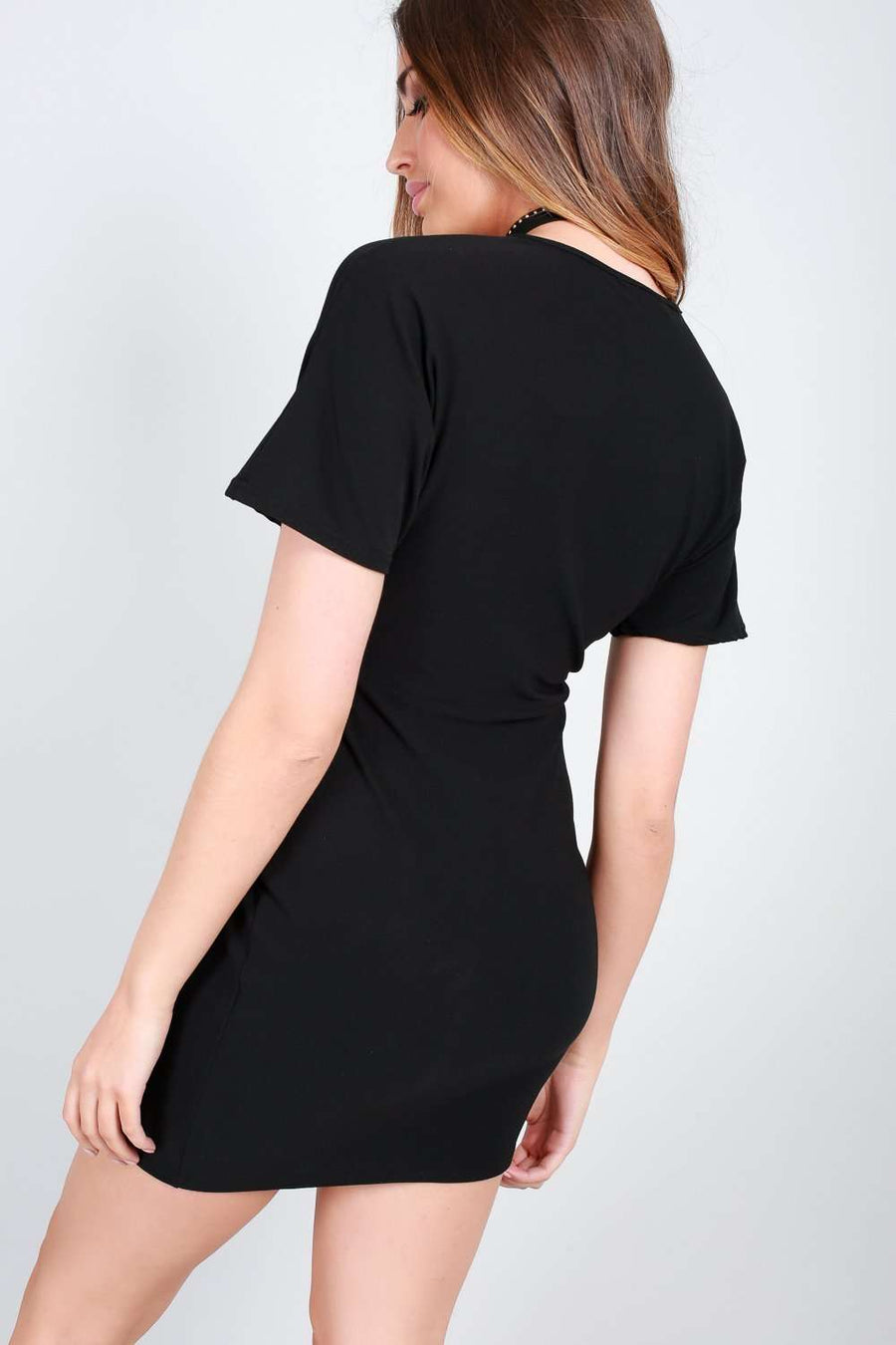 Casie Black Vneck Short Sleeve Mini Dress - bejealous-com