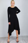 Long Sleeve Hanky Hem Black Midi Dress - bejealous-com