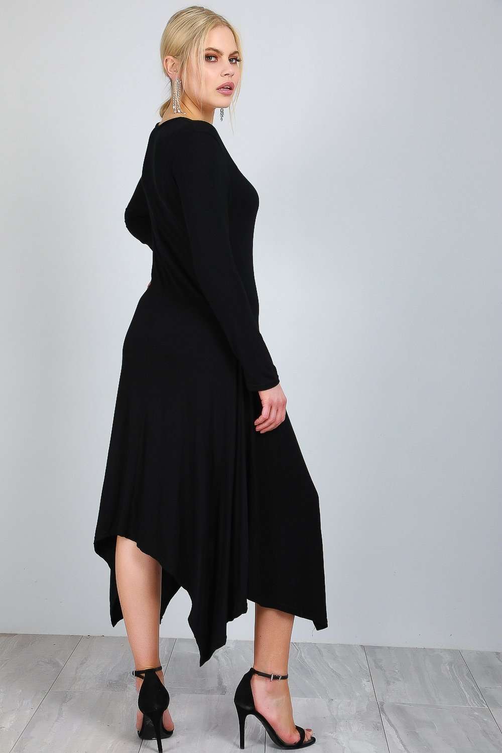 Long Sleeve Hanky Hem Black Midi Dress - bejealous-com