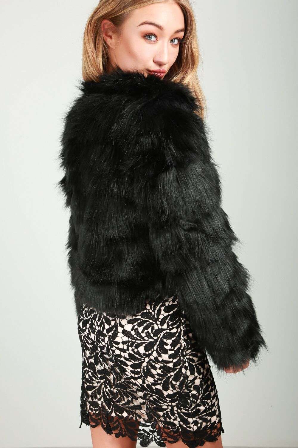 Cathy Black Faux Fur Cropped Coat - bejealous-com