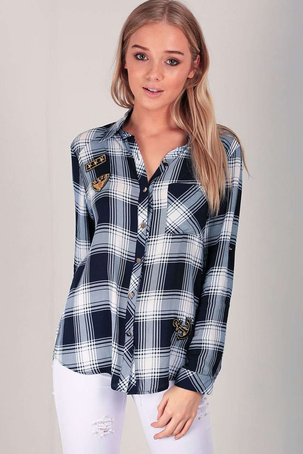 Ceris Badged Blue Tartan Shirt - bejealous-com