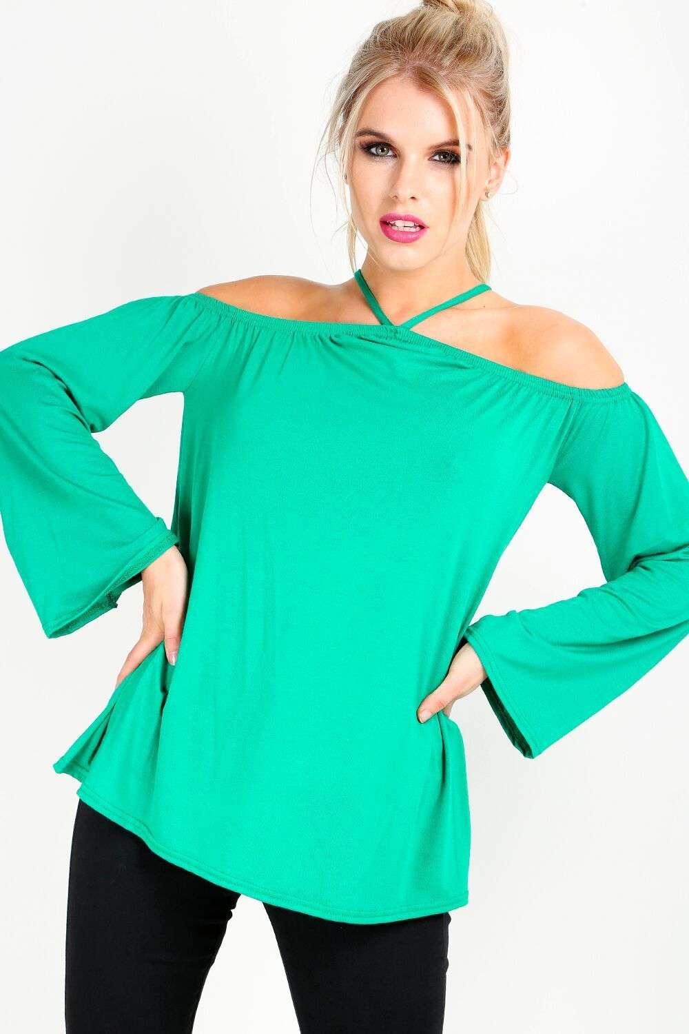 Ceris Strappy Bardot Wide Sleeve Jersey Top - bejealous-com