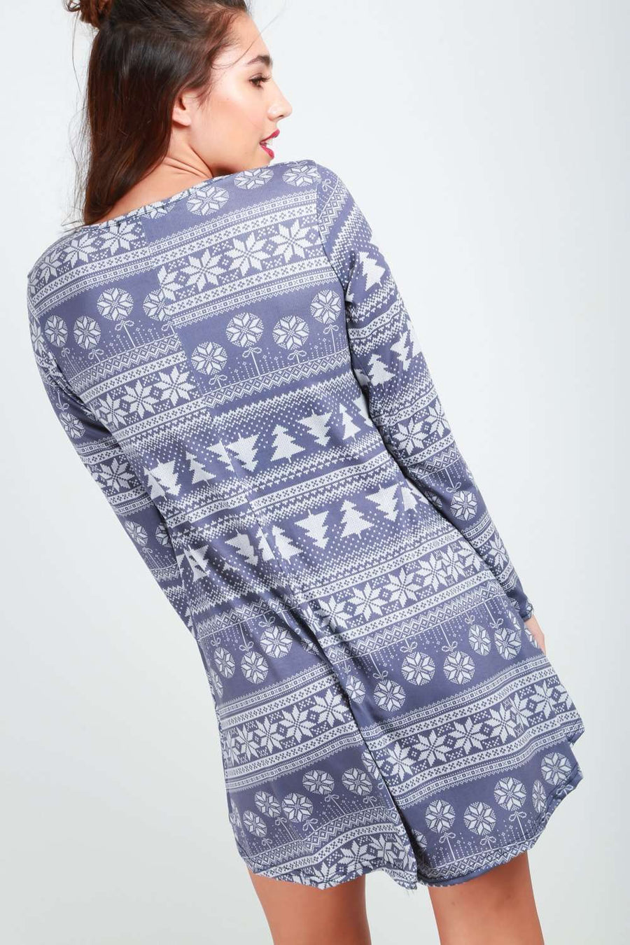 Christmas Aztec Print Long Sleeve Swing Dress - bejealous-com