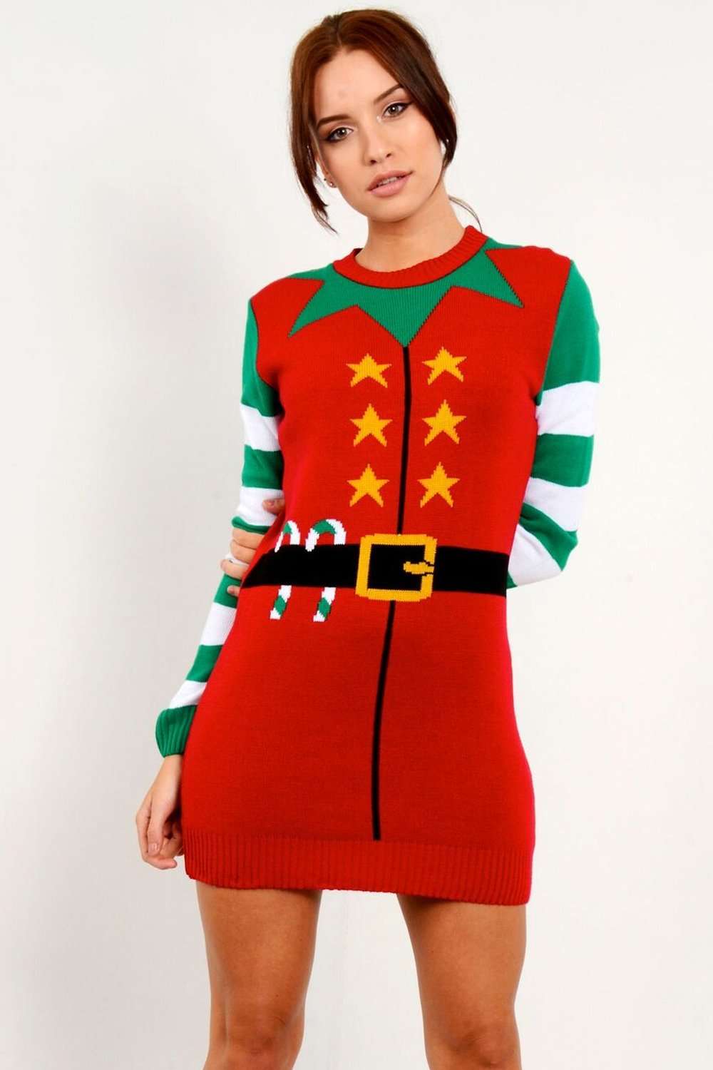 Christmas Elf Costume Knitted Jumper Dress Novelty Xmas Dress