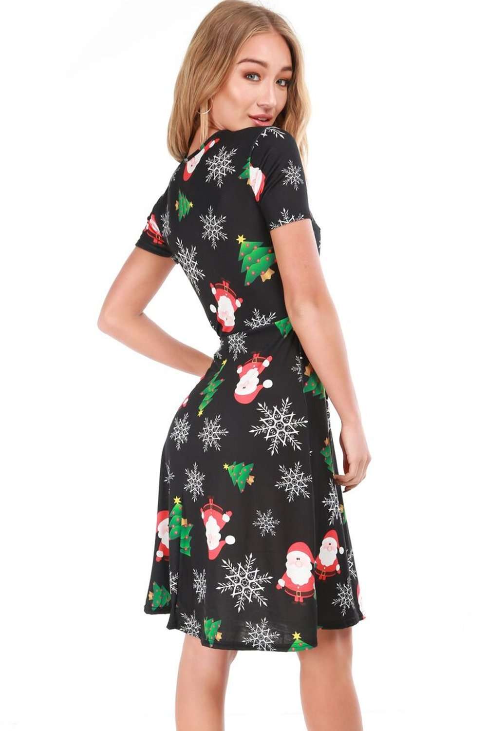 Christmas Graphic Print Cap Sleeve Midi Swing Dress - bejealous-com