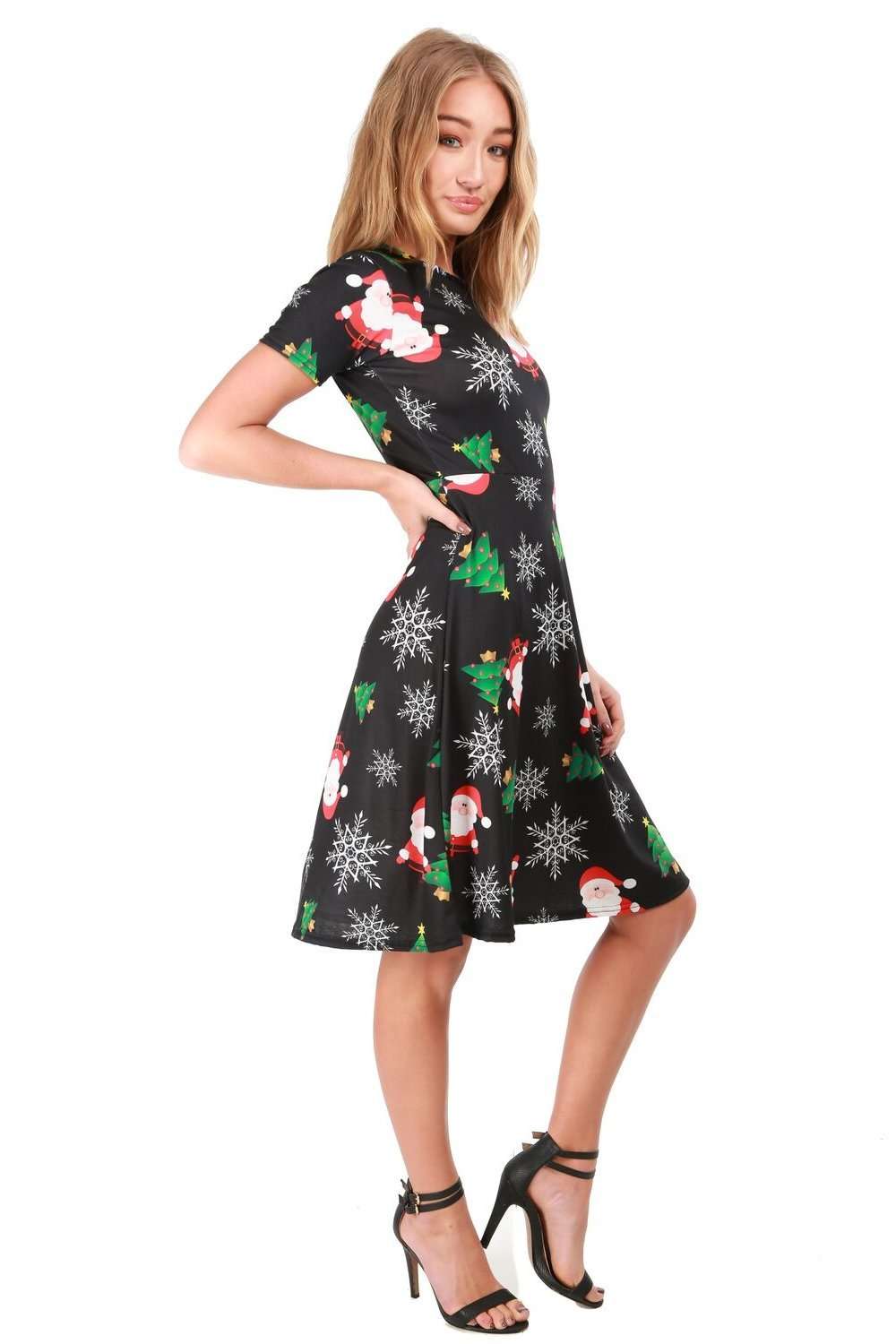 Christmas Graphic Print Cap Sleeve Midi Swing Dress - bejealous-com