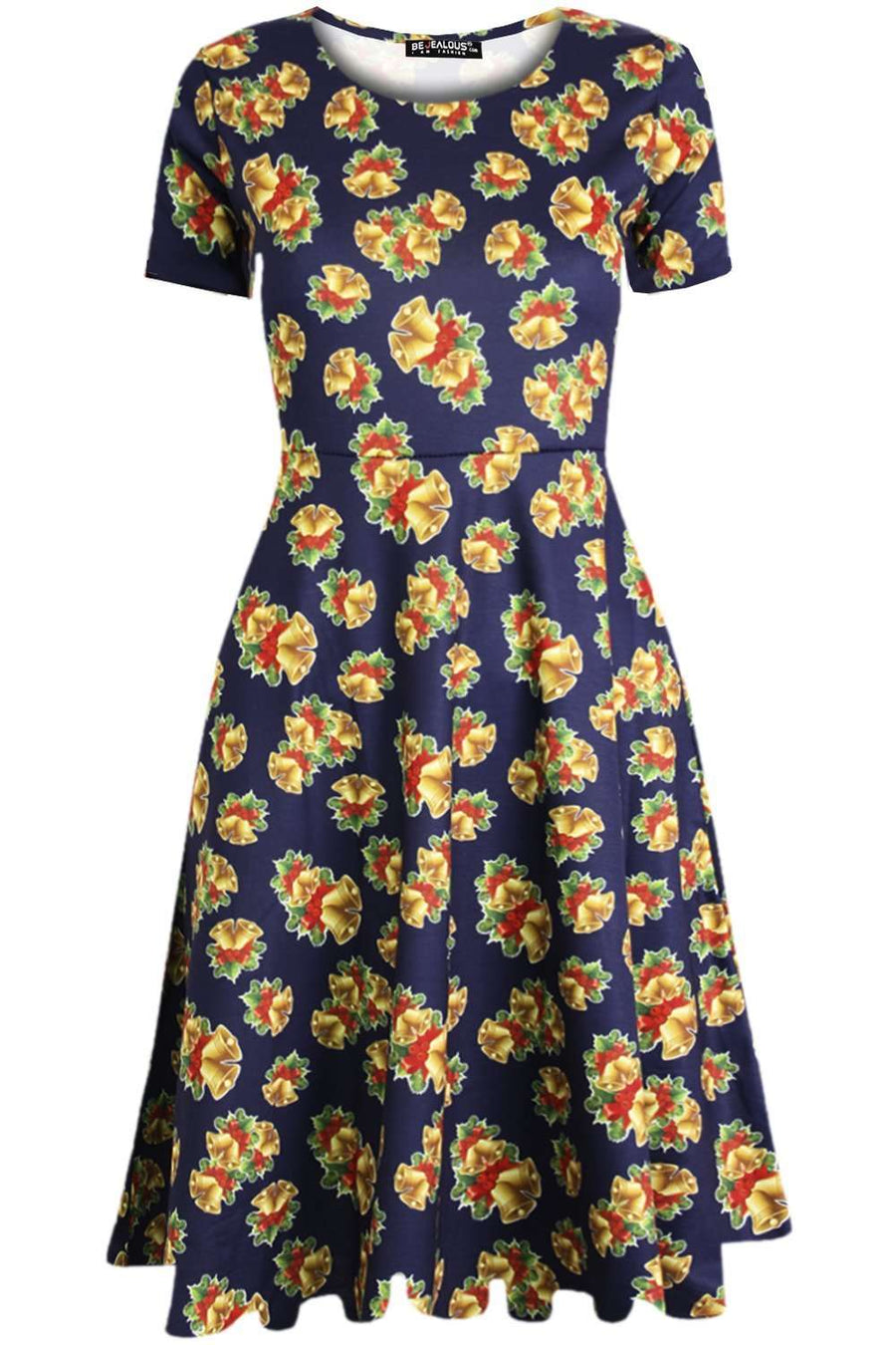 Christmas Graphic Print Cap Sleeve Midi Swing Dress - bejealous-com
