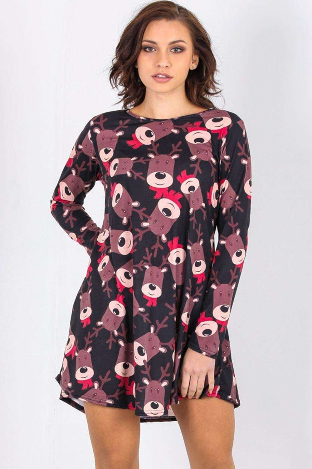 Christmas Reindeer Print Long Sleeve Swing Dress - bejealous-com