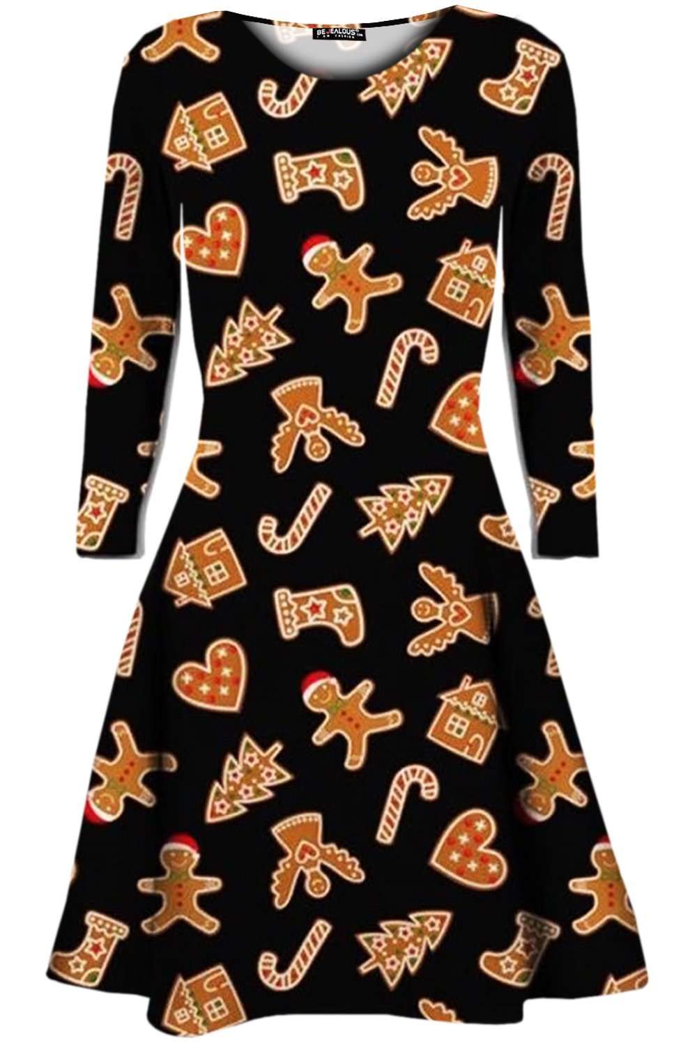 Christmas Reindeer Print Long Sleeve Swing Dress - bejealous-com