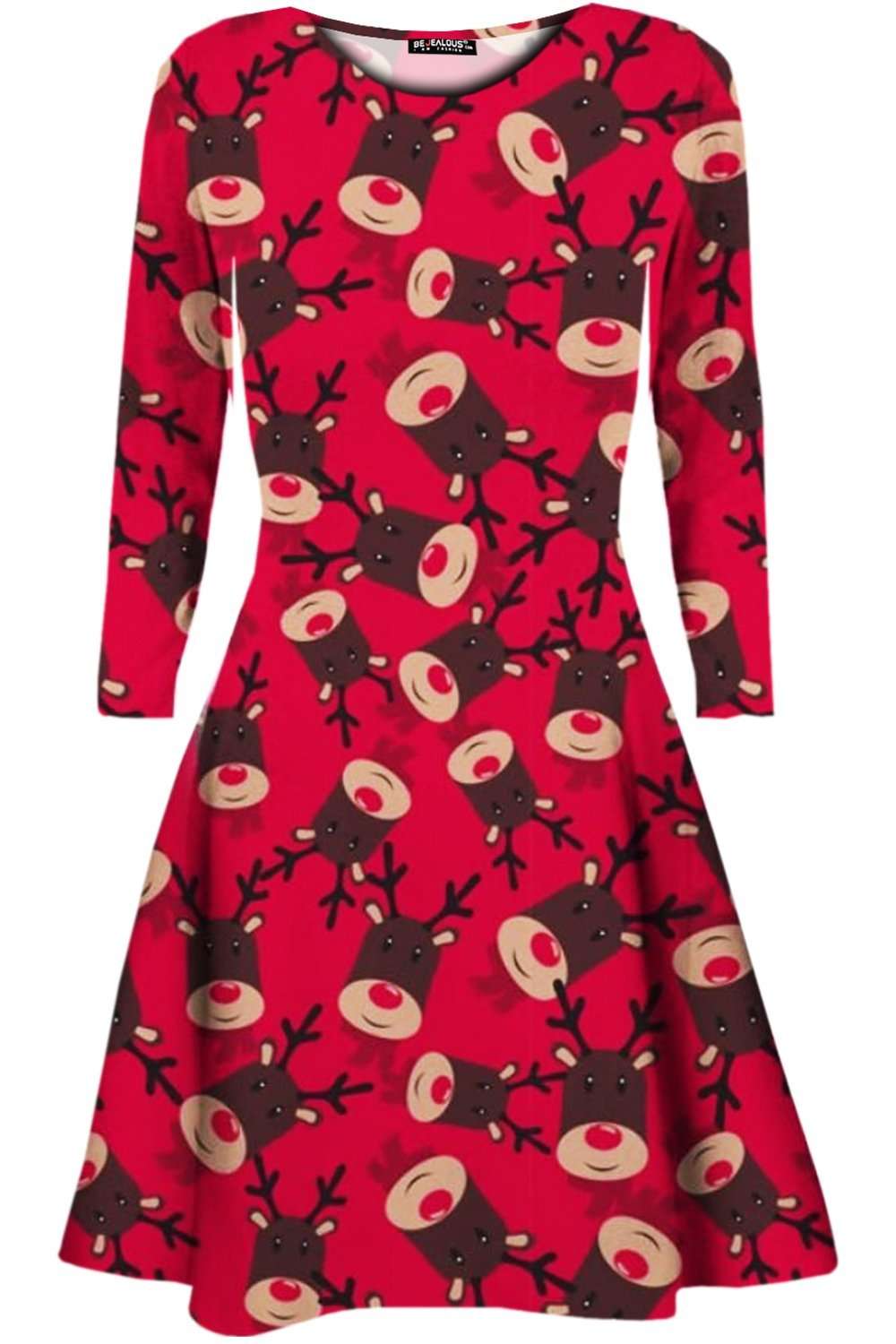 Christmas Reindeer Print Long Sleeve Swing Dress - bejealous-com