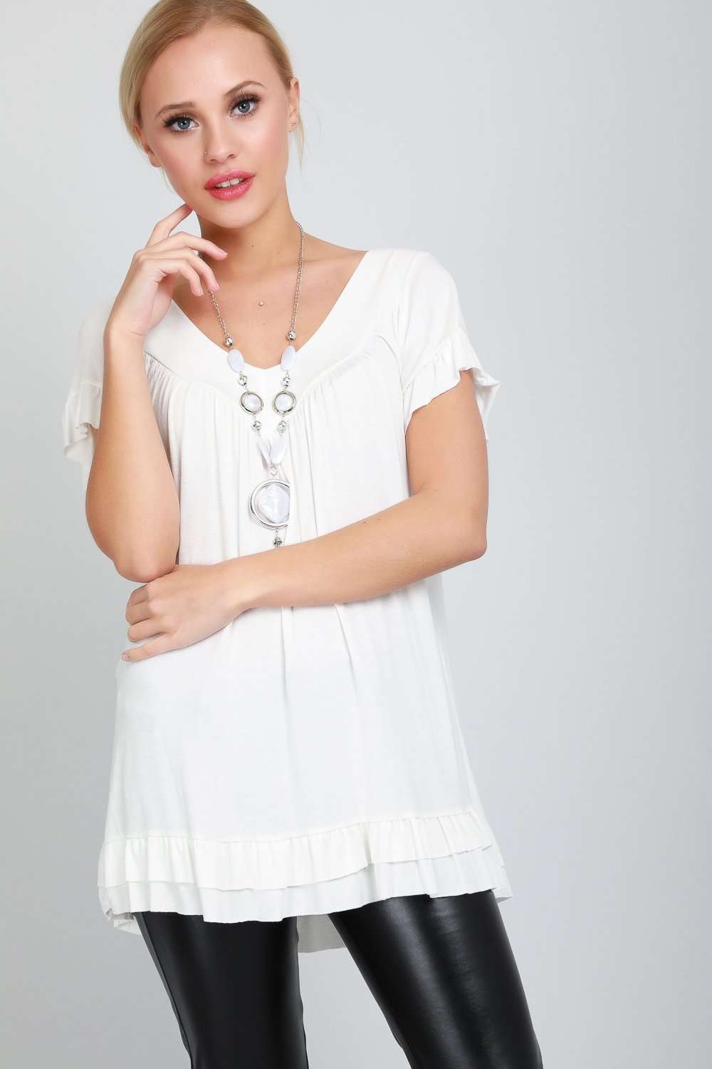 Ciara Peplum Frill V Neck Tunic Top - bejealous-com