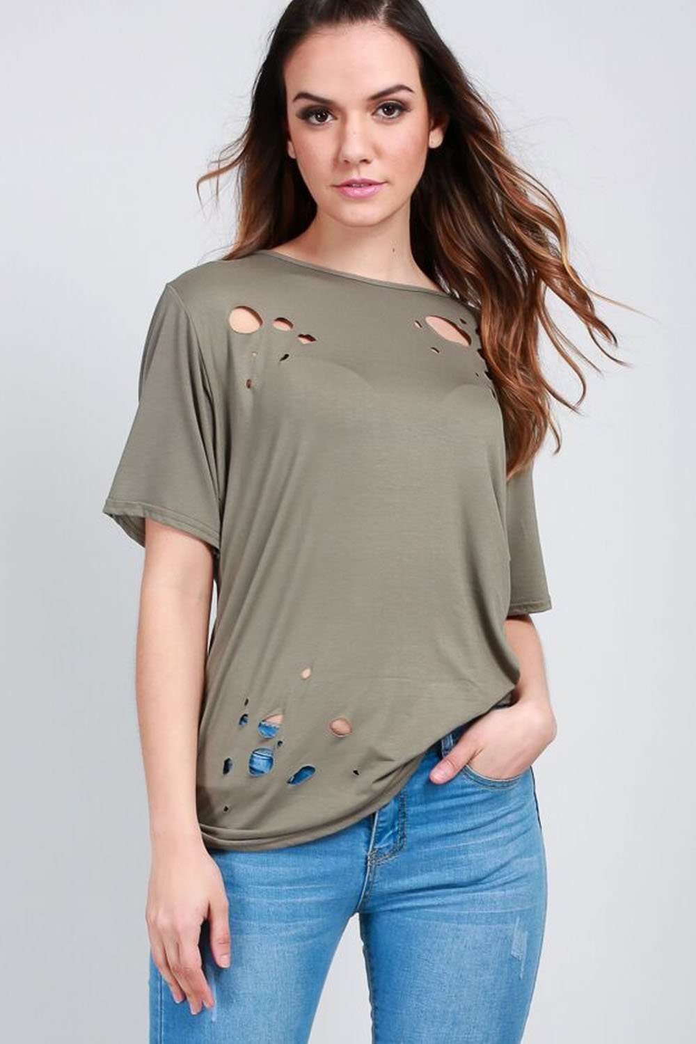 Clara Khaki Oversized Basic Ripped Jersey TShirt - bejealous-com