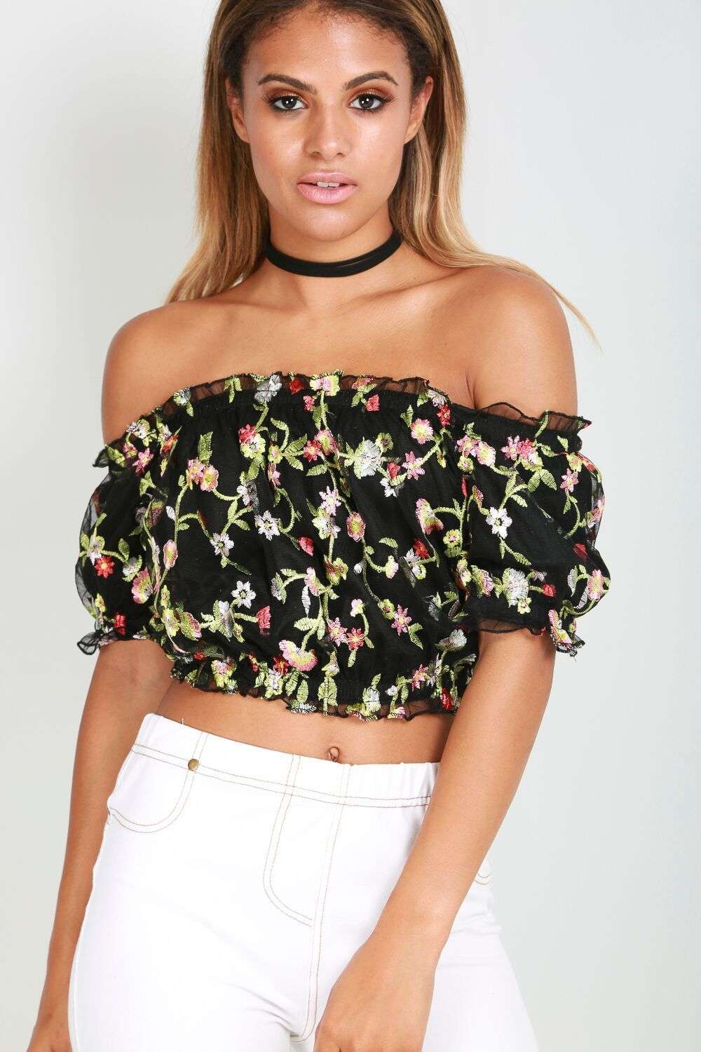 Cream Floral Embroidered Bandeau Crop Top - bejealous-com