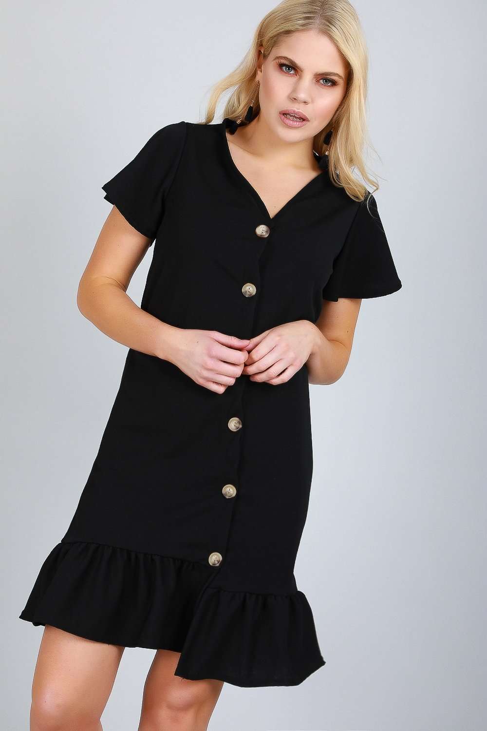 Dani Button Through Frill Sleeve Bodycon Dress - bejealous-com