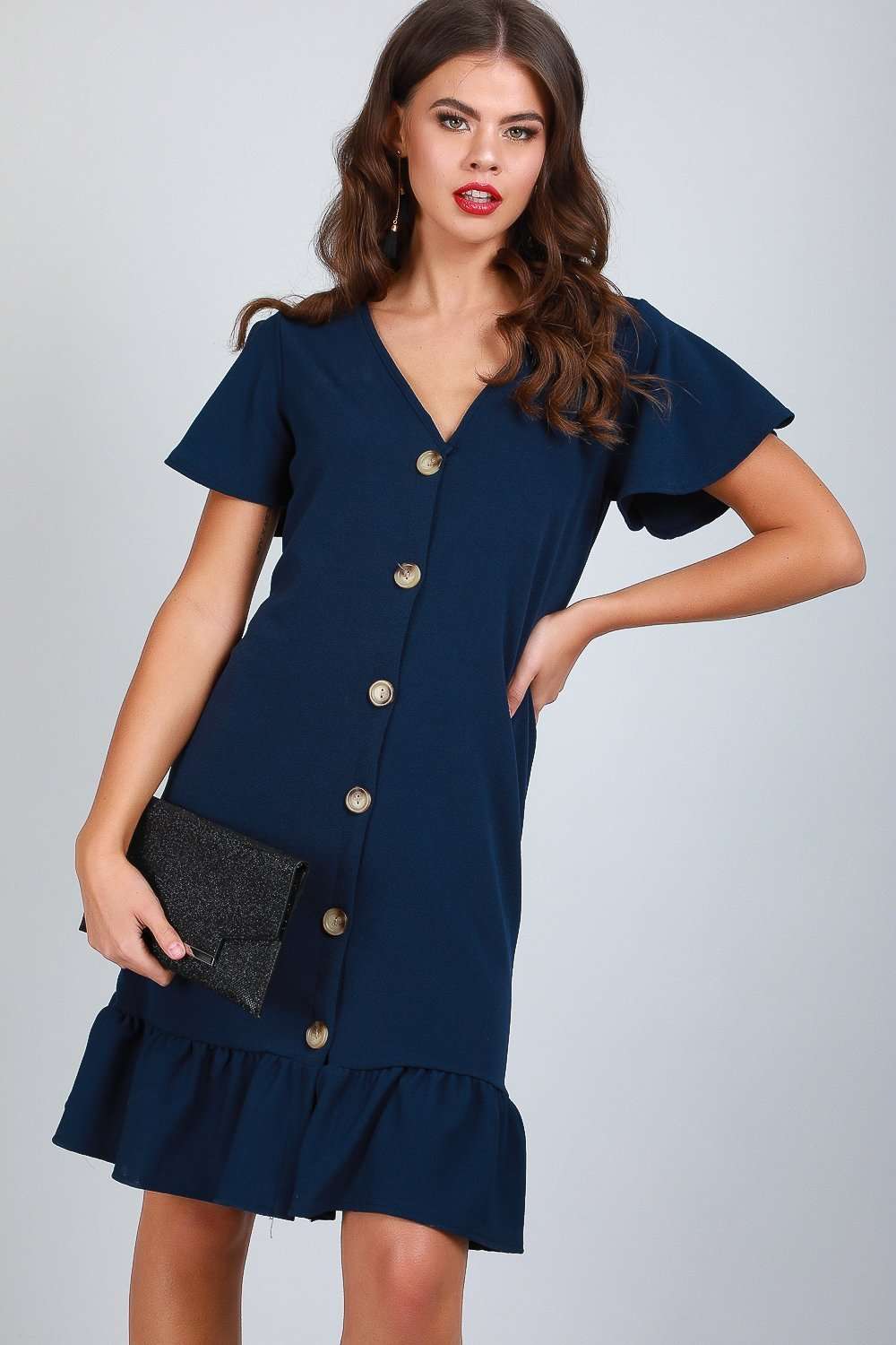Dani Button Through Frill Sleeve Mini Dress - bejealous-com