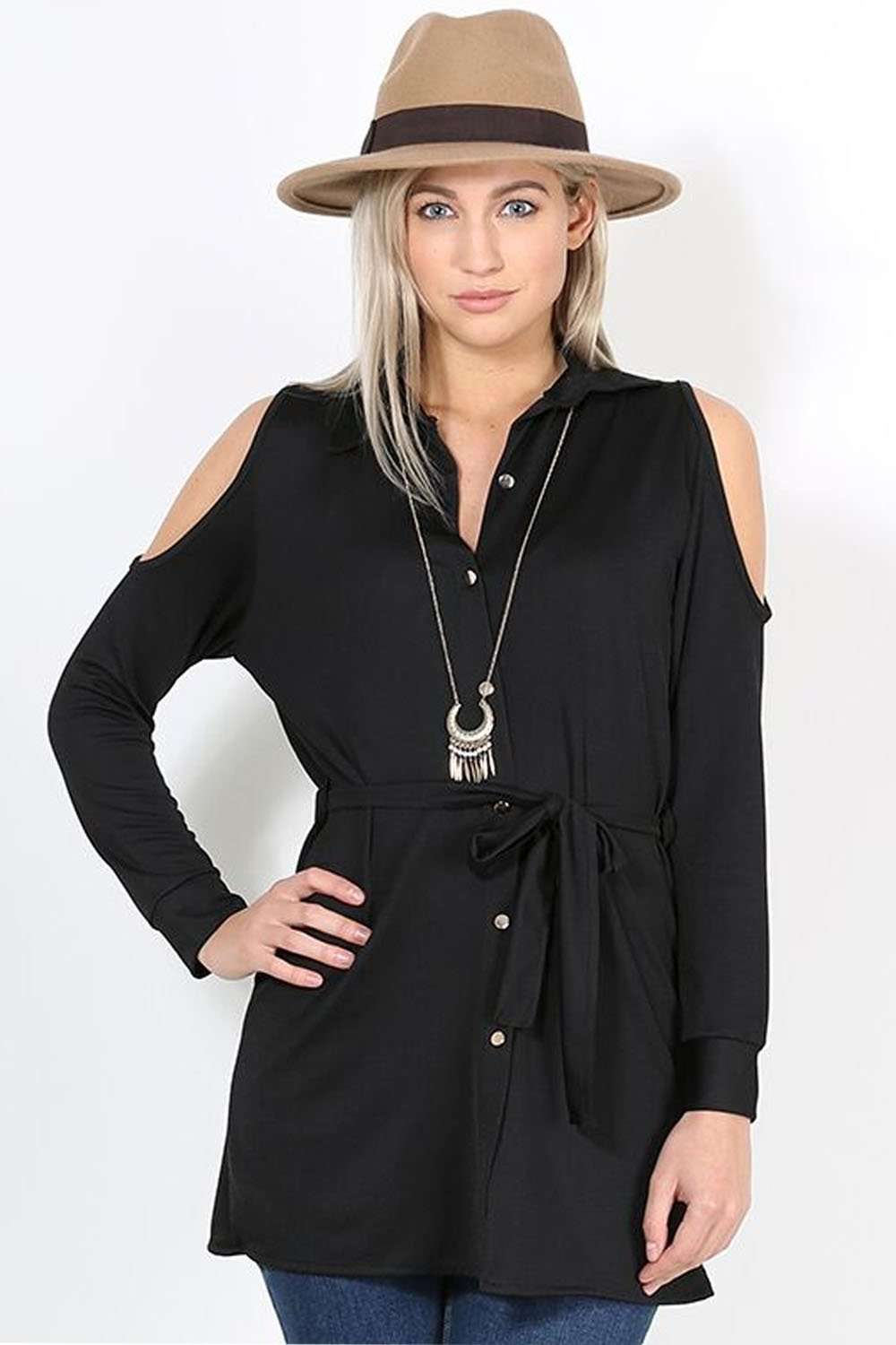 Daniella Black Cold Shoulder Belted Shirt - bejealous-com