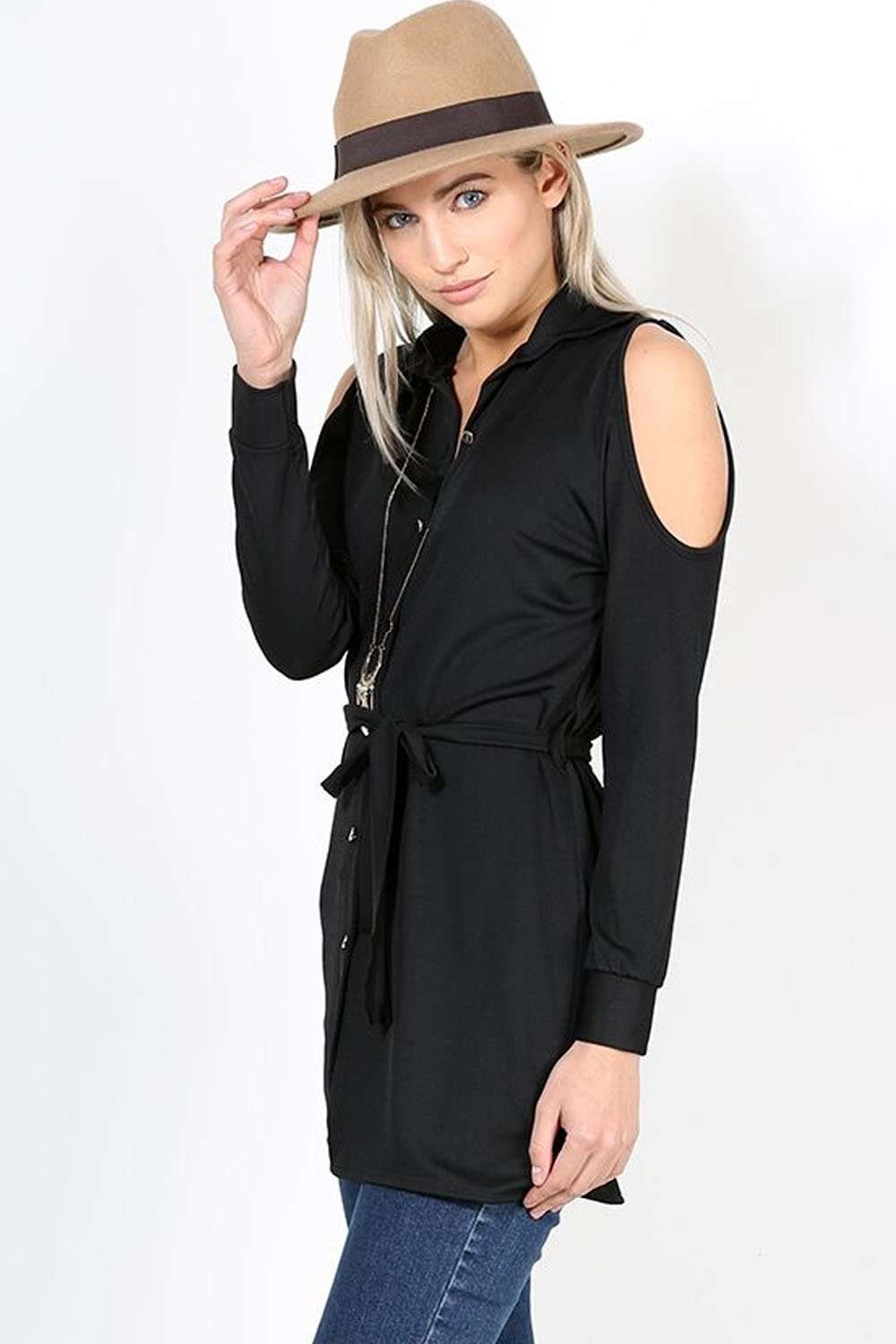 Daniella Black Cold Shoulder Belted Shirt - bejealous-com