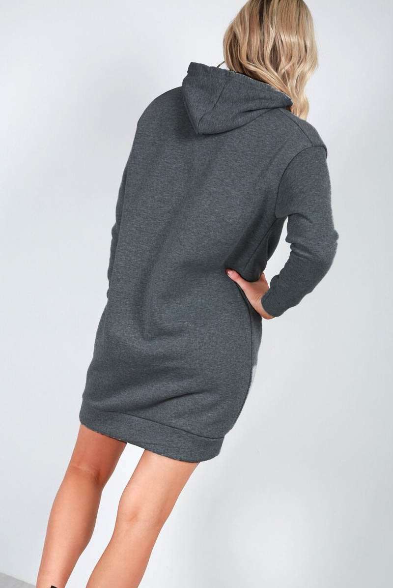 Dark Grey Oversized Hooded Sweatshirt Mini Dress - bejealous-com