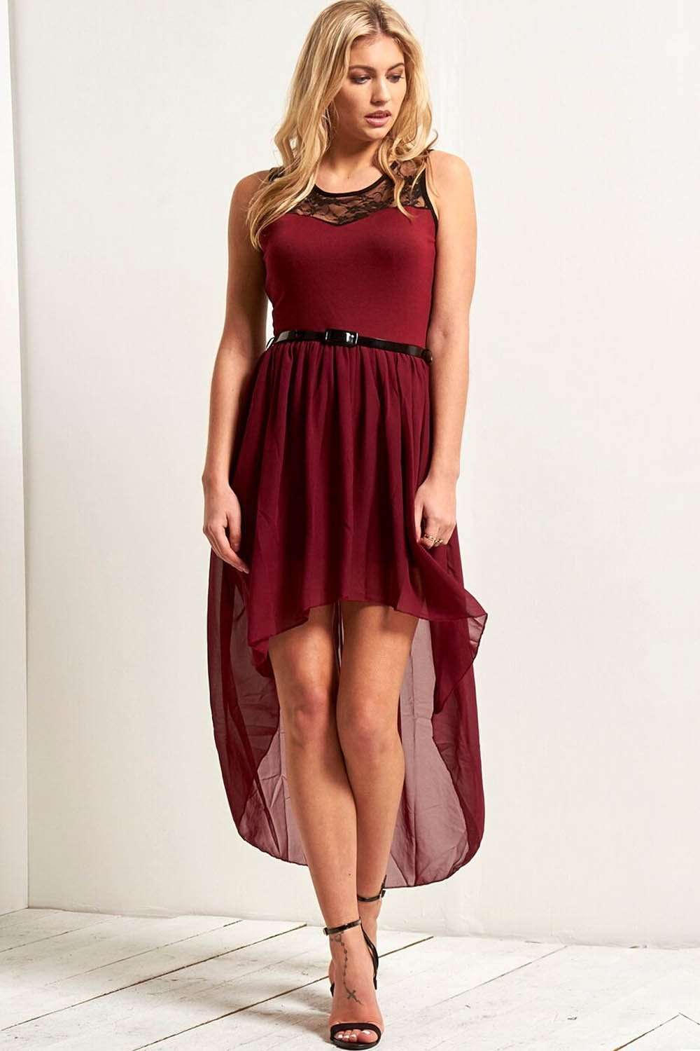 Dipped Hem Lace Insert Chiffon Midi Dress - bejealous-com