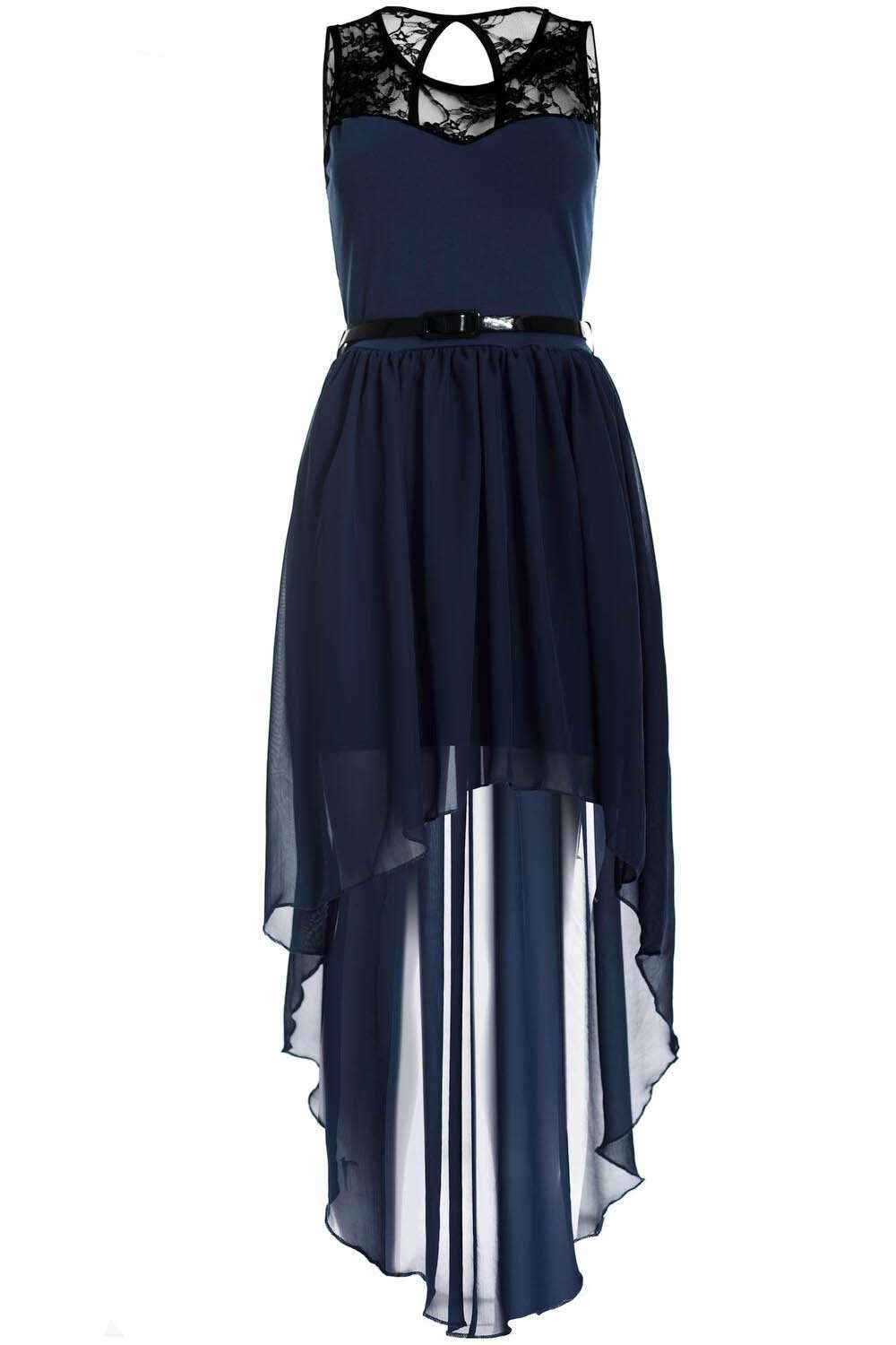 Dipped Hem Lace Insert Chiffon Midi Dress - bejealous-com