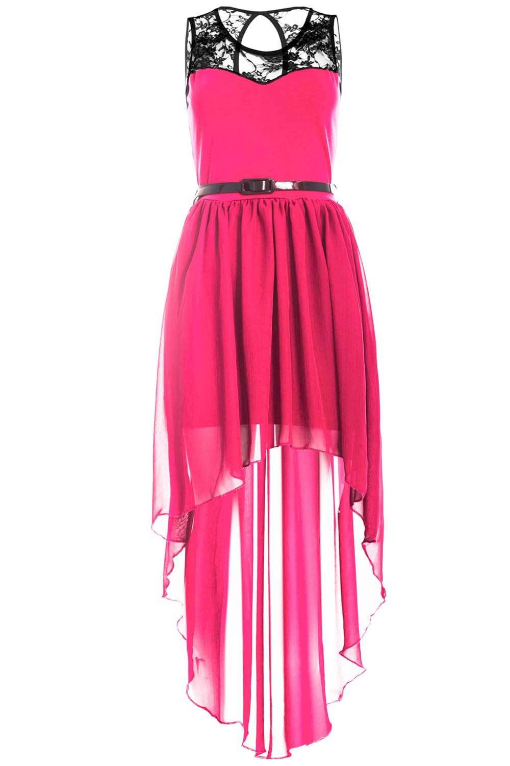 Dipped Hem Lace Insert Chiffon Midi Dress - bejealous-com
