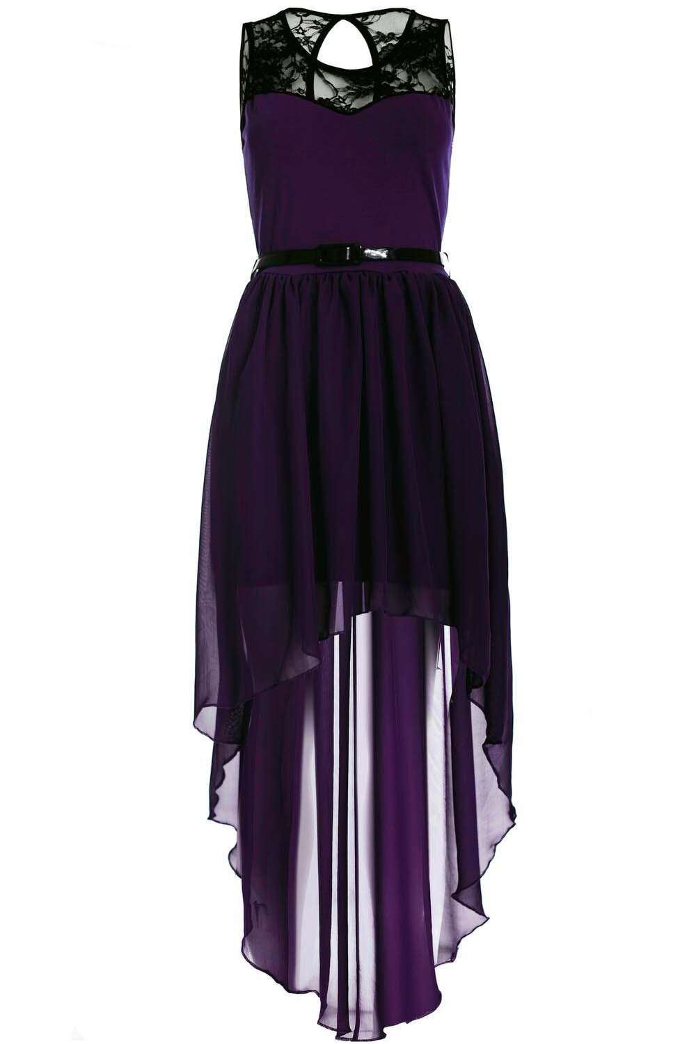 Dipped Hem Lace Insert Chiffon Midi Dress - bejealous-com