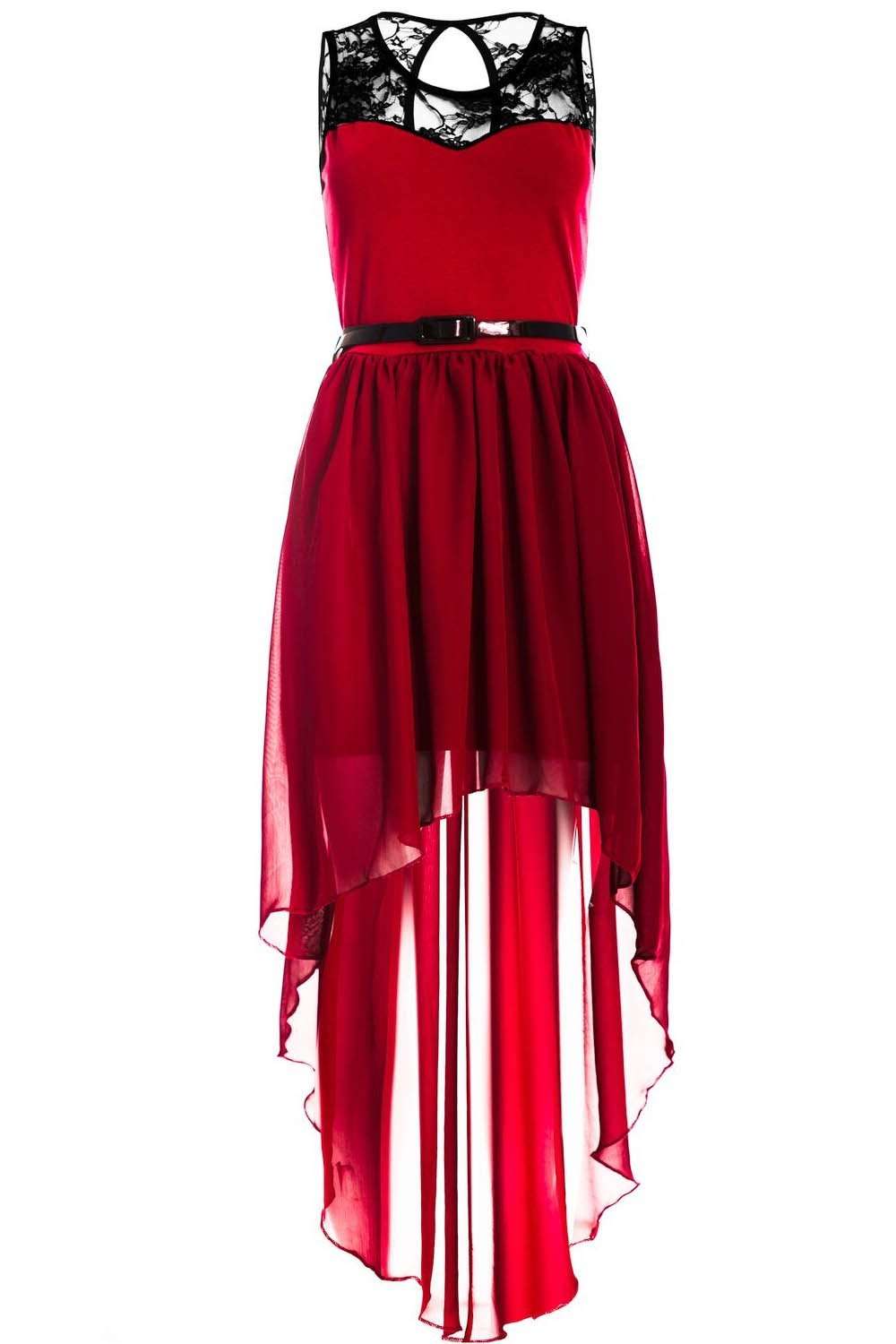 Dipped Hem Lace Insert Chiffon Midi Dress - bejealous-com