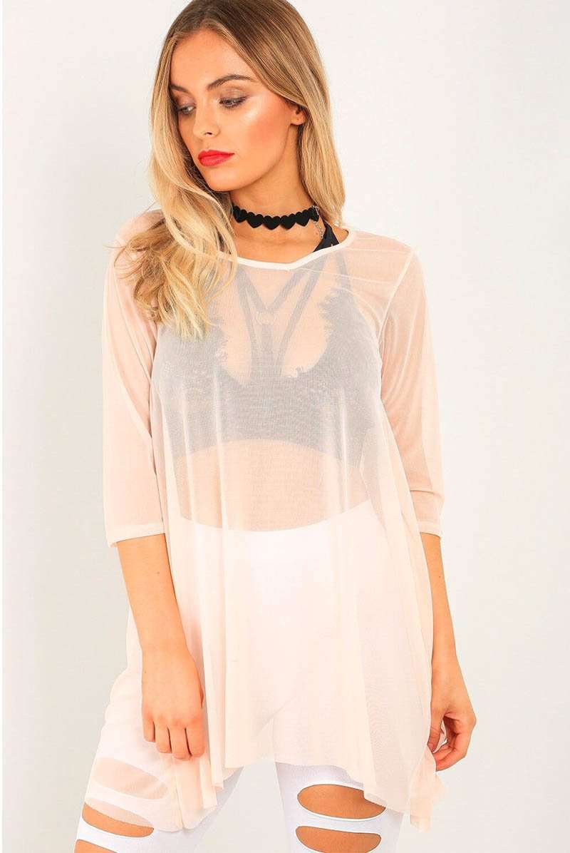 Dipped Hem Oversized Nude Mesh Tshirt - bejealous-com