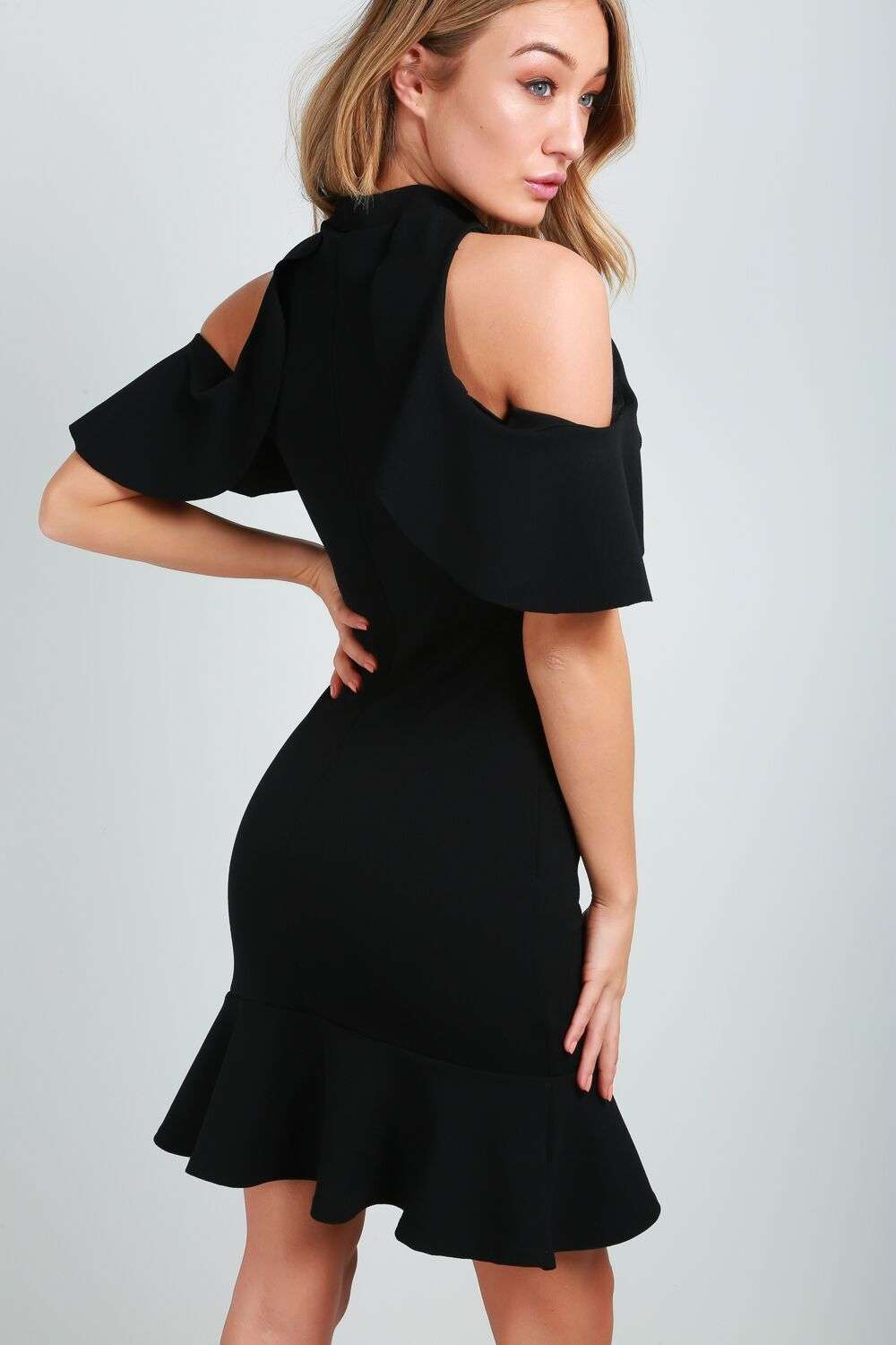 Donna Cold Shoulder Frill Hem Mini Dress - bejealous-com