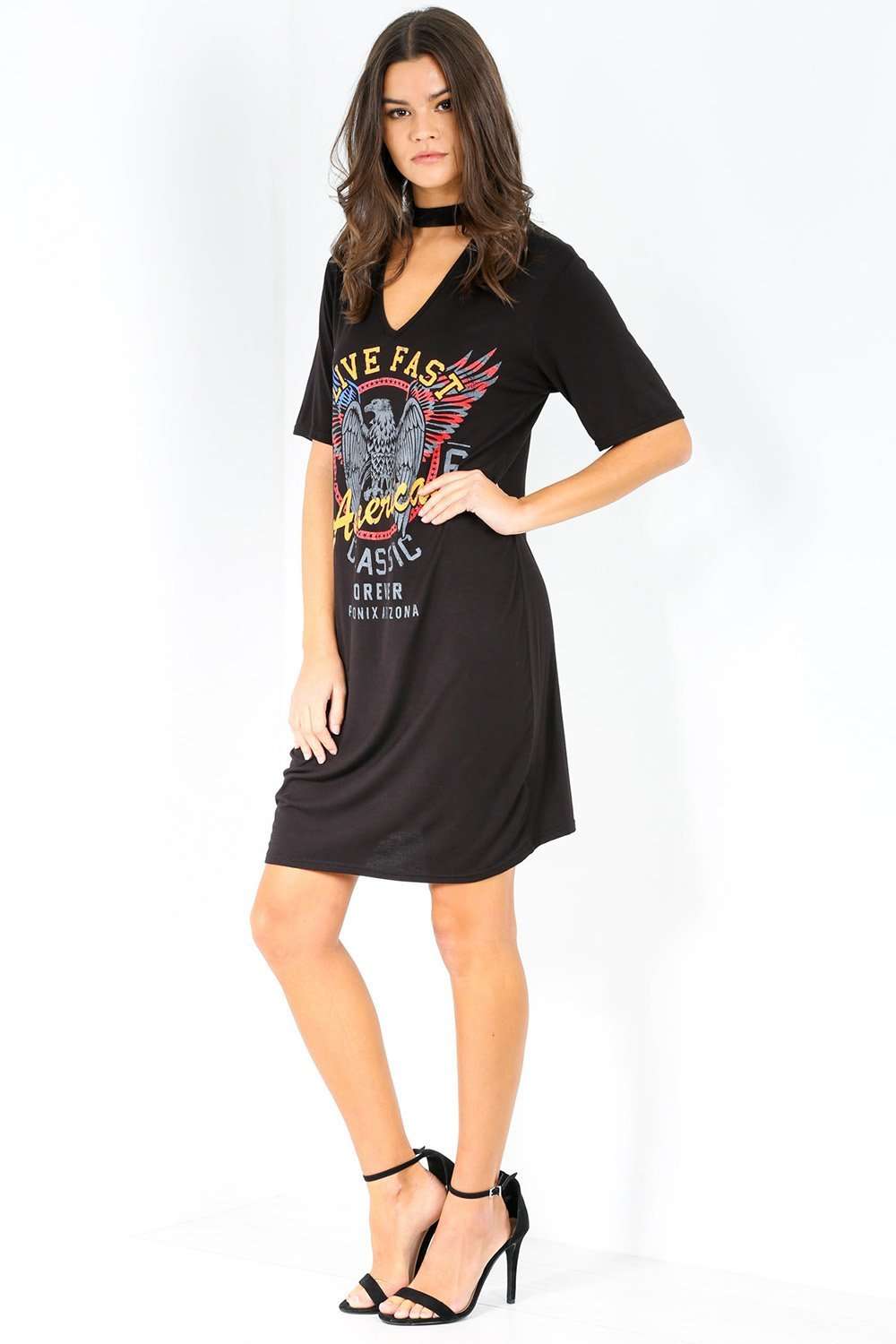 Duaya Choker Neck Graphic Print Tshirt Dress - bejealous-com