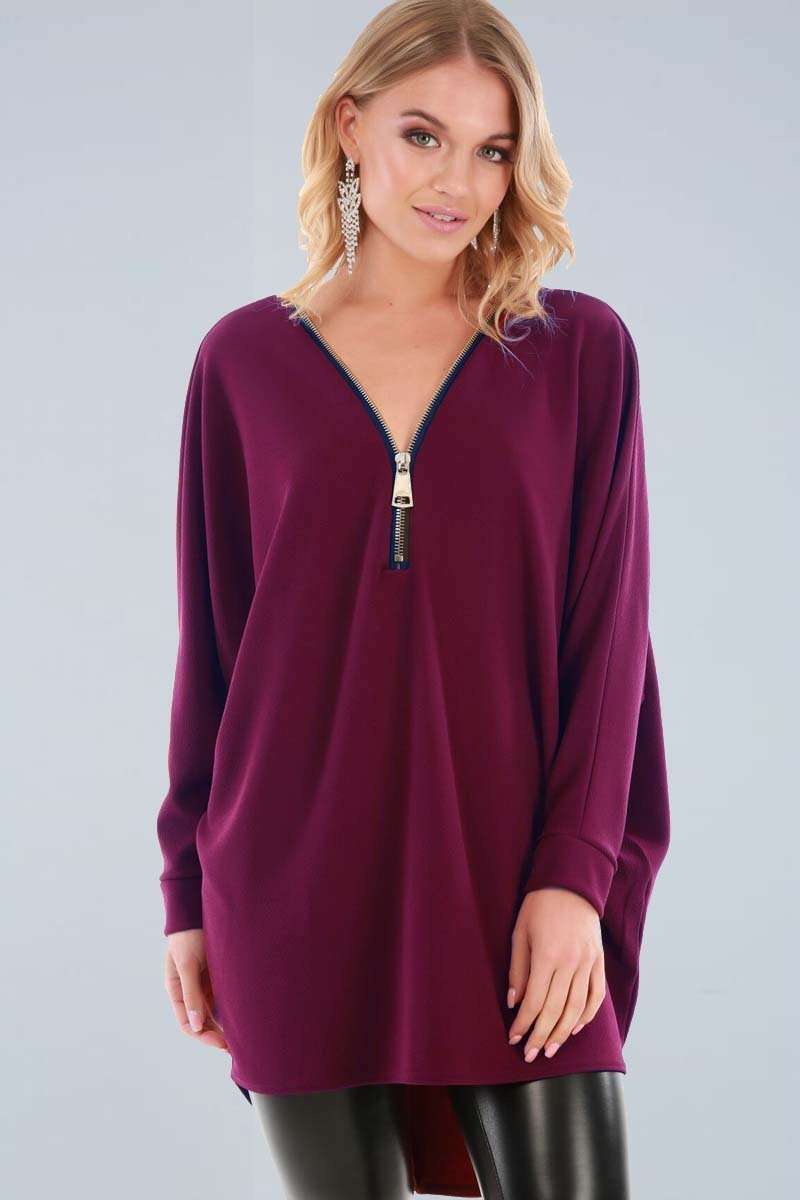 Eila Curved Hem Bat Wing Zip Top - bejealous-com