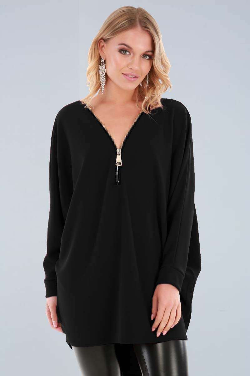 Eila Curved Hem Bat Wing Zip Top - bejealous-com