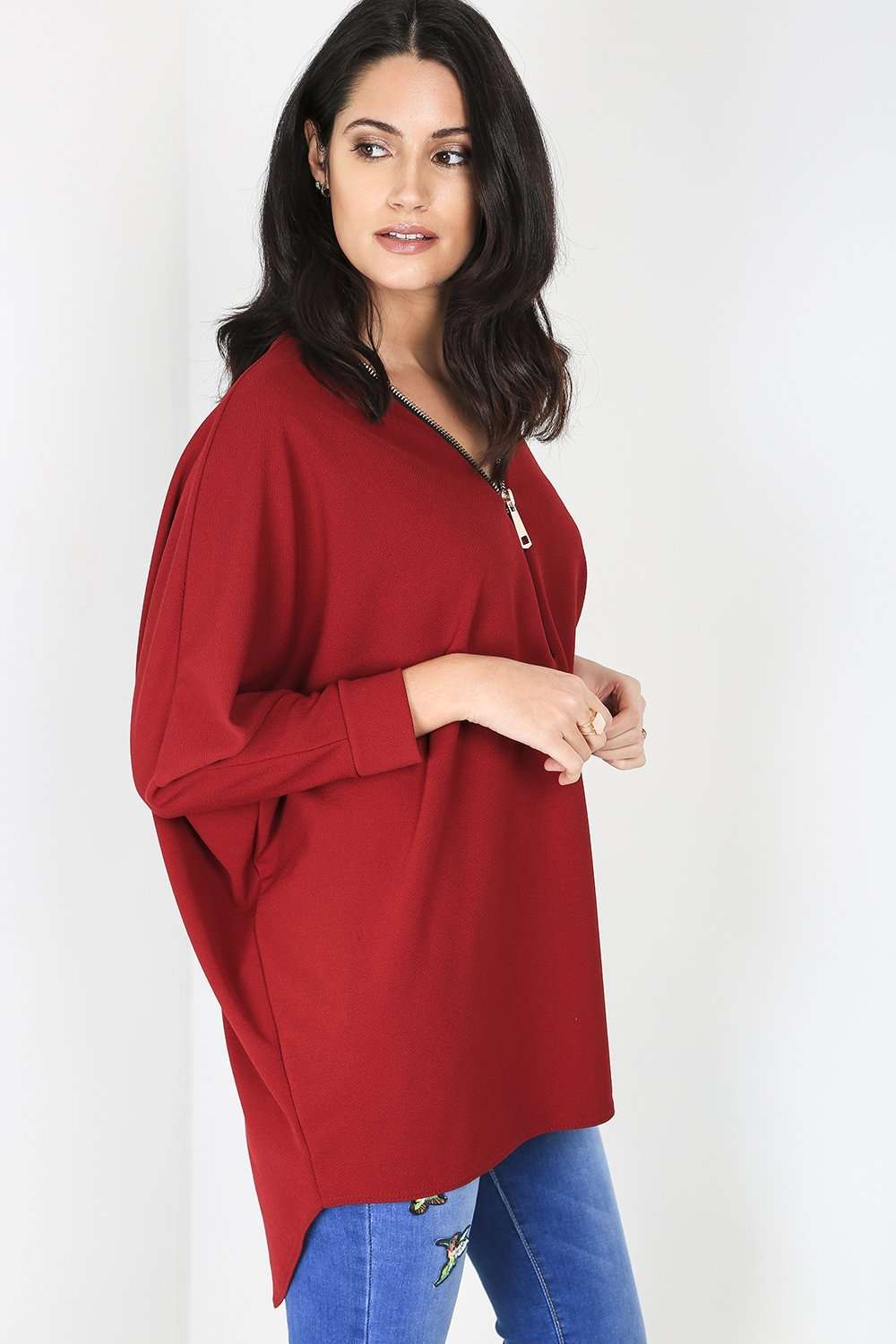 Eila Curved Hem Bat Wing Zip Top - bejealous-com