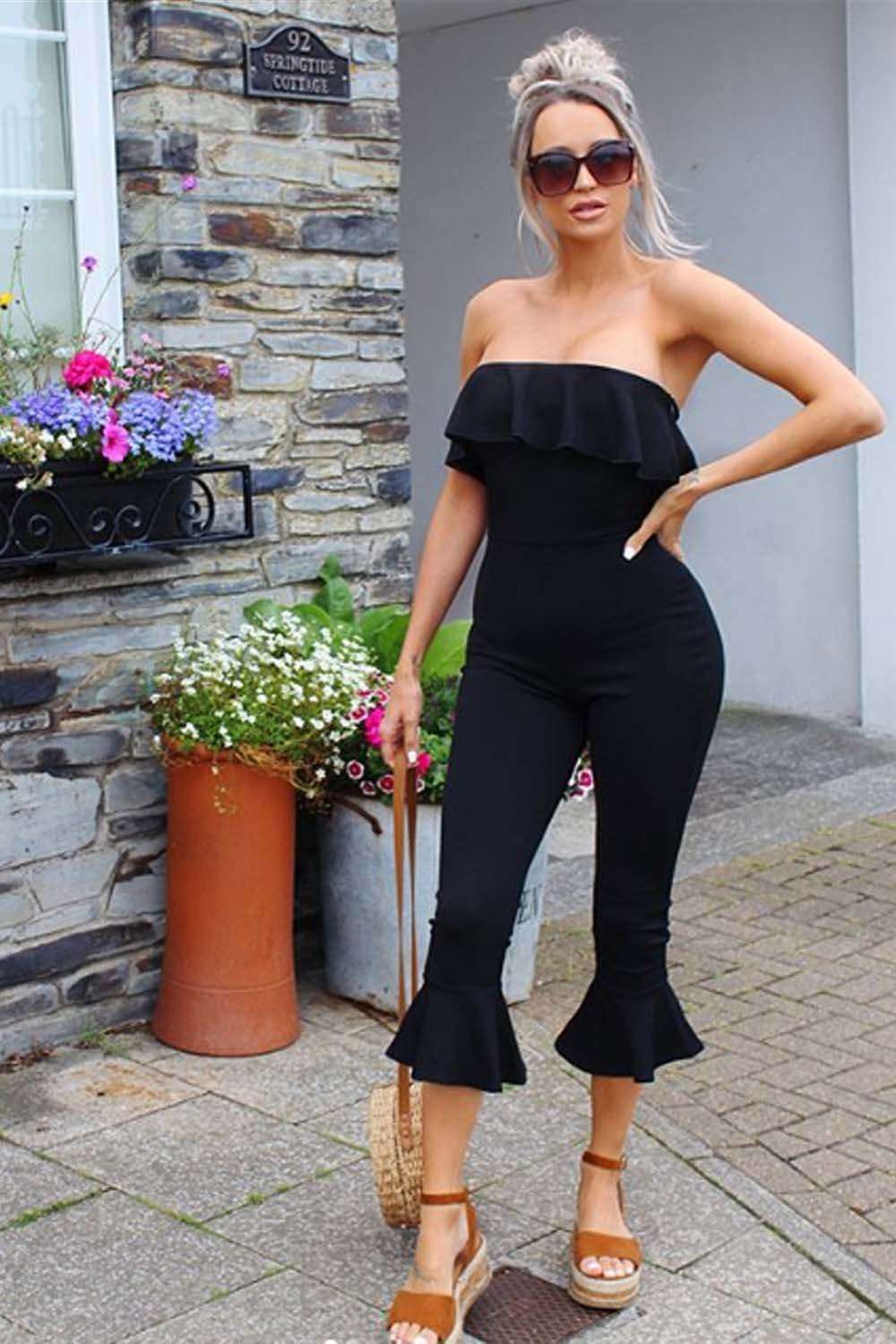 Black Bandea Frilly Cropped Leg Jumpsuit - bejealous-com