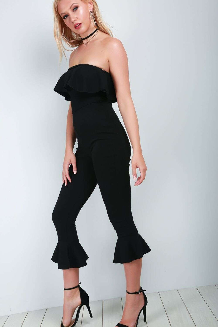 Black Bandea Frilly Cropped Leg Jumpsuit - bejealous-com