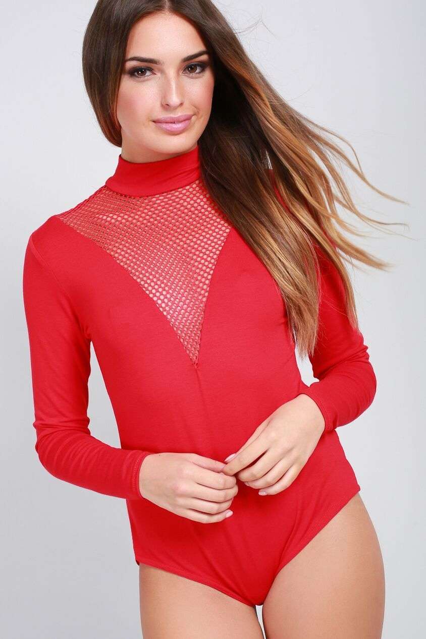 Eleanor Long Sleeve Fishnet Plunge Neck Bodysuit - bejealous-com