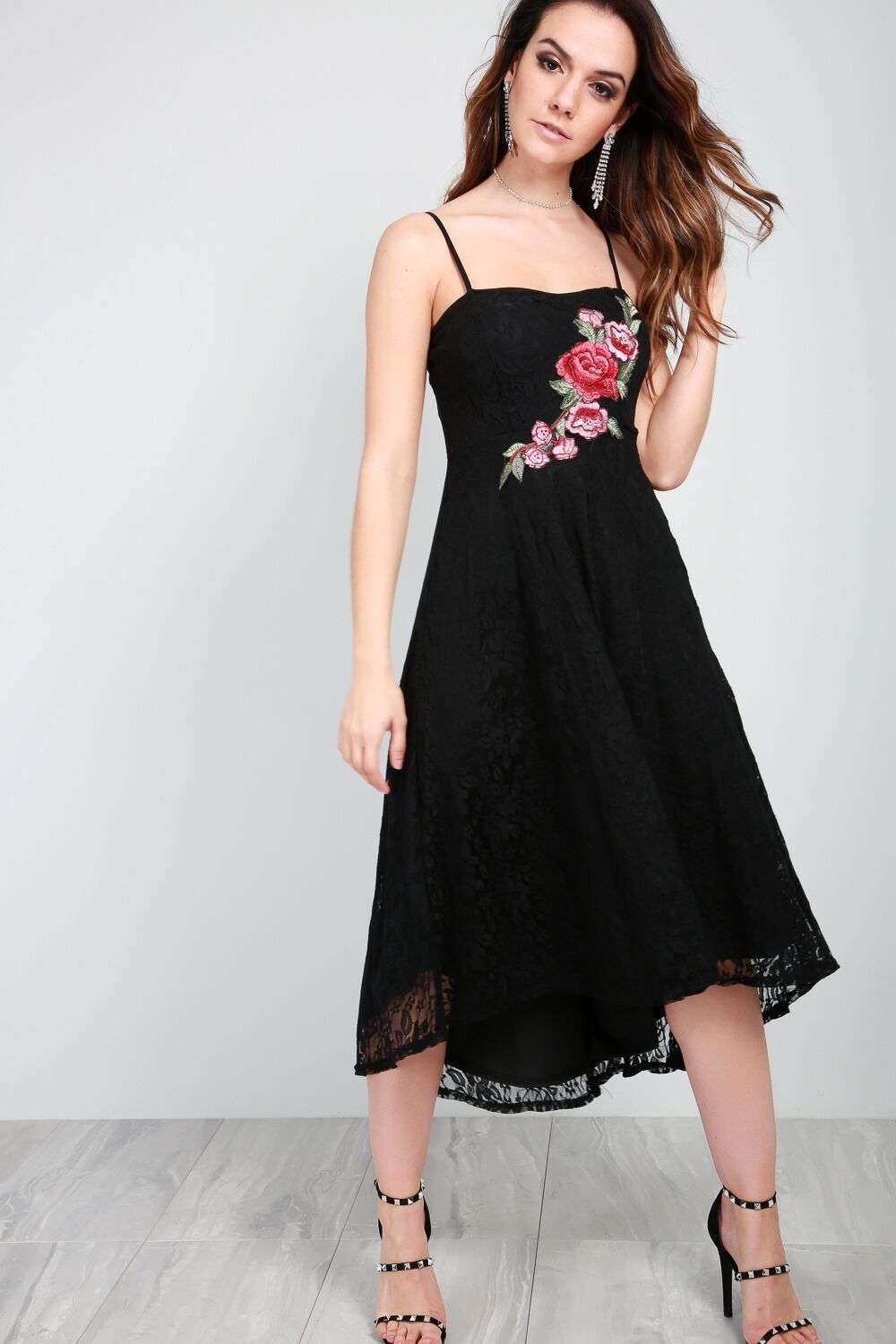 Eli Floral Applique Lace Dip Hem Midi Dress - bejealous-com