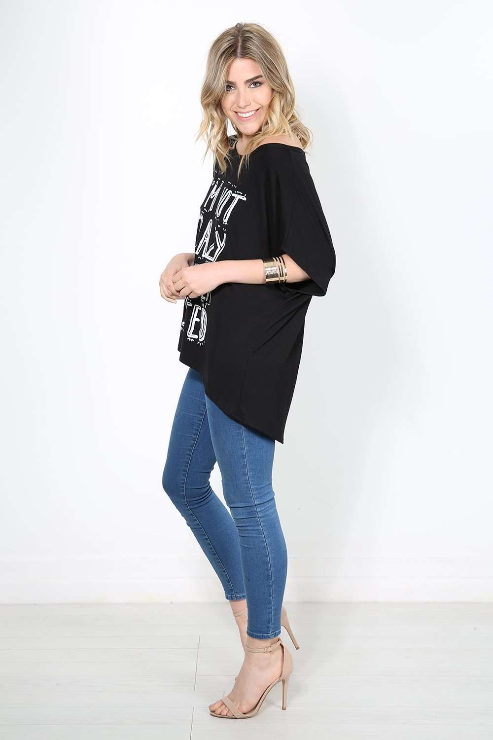Eli Plus Slogan Print Baggy Bat Wing Tshirt - bejealous-com