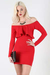 Elise Long Sleeve Bardot Frill Bodycon Mini Dress - bejealous-com
