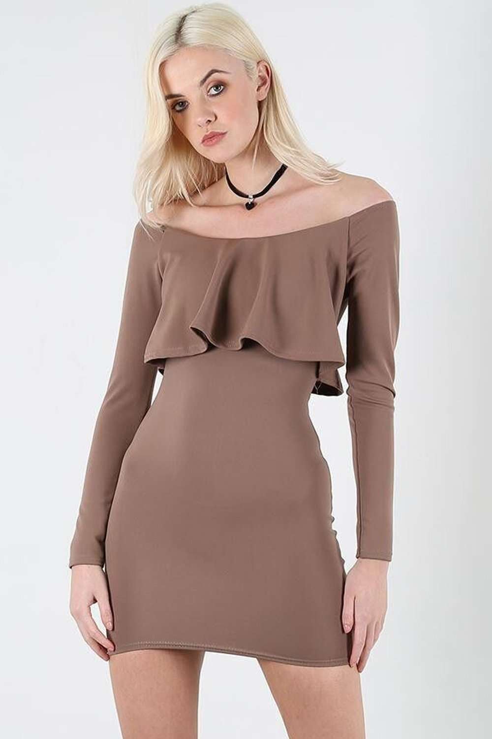 Elise Long Sleeve Bardot Frill Bodycon Mini Dress - bejealous-com