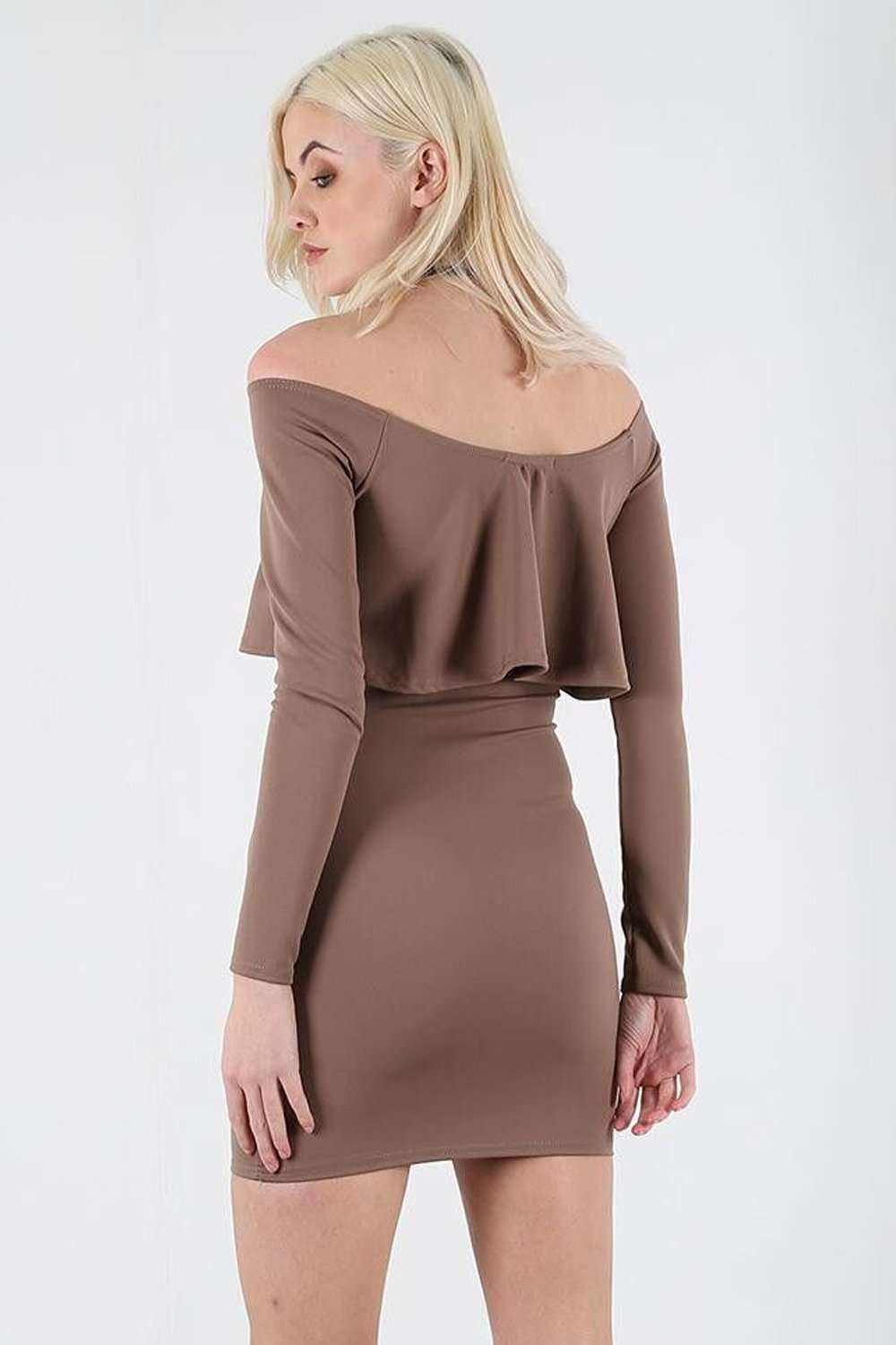 Elise Long Sleeve Bardot Frill Bodycon Mini Dress - bejealous-com