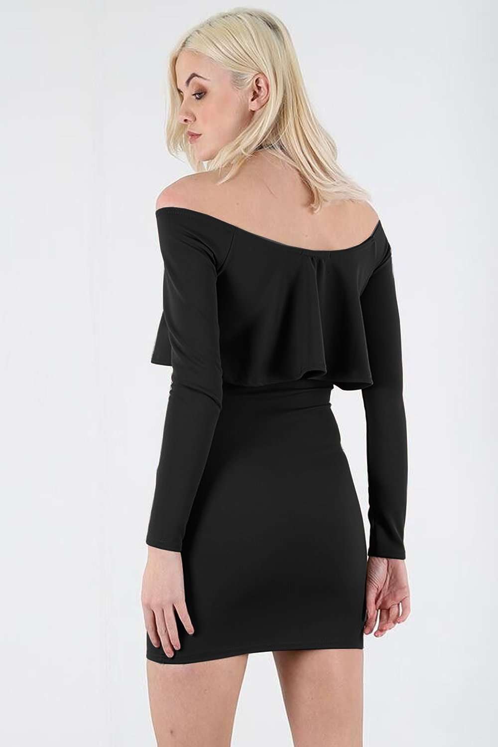 Elise Long Sleeve Bardot Frill Bodycon Mini Dress - bejealous-com