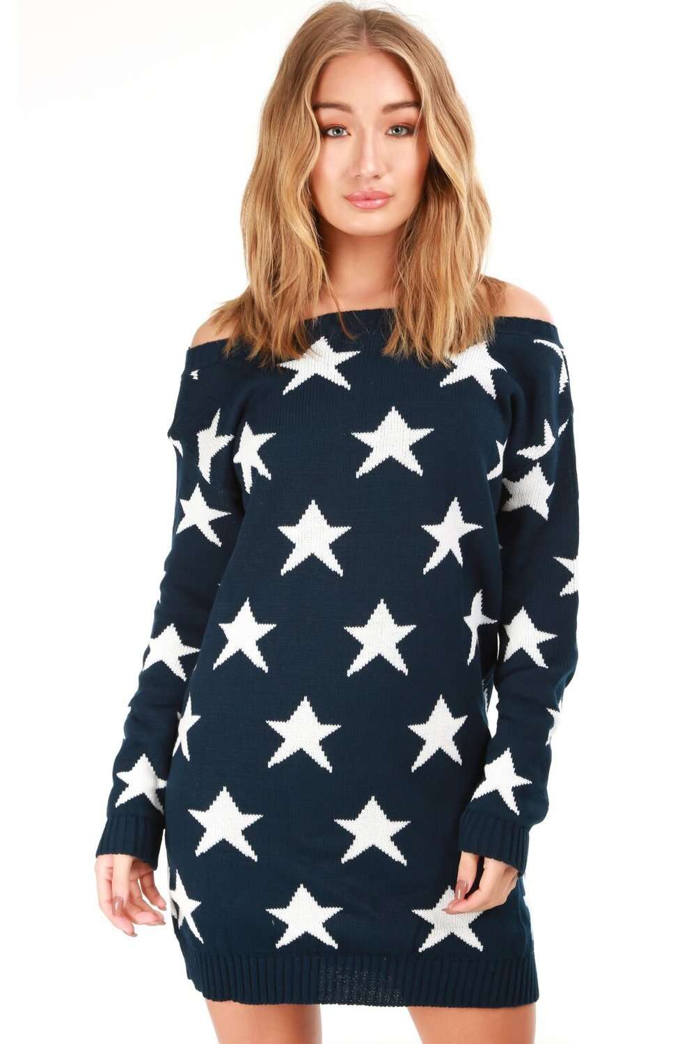 Ellia Bardot Star Print Knitted Jumper Dress - bejealous-com