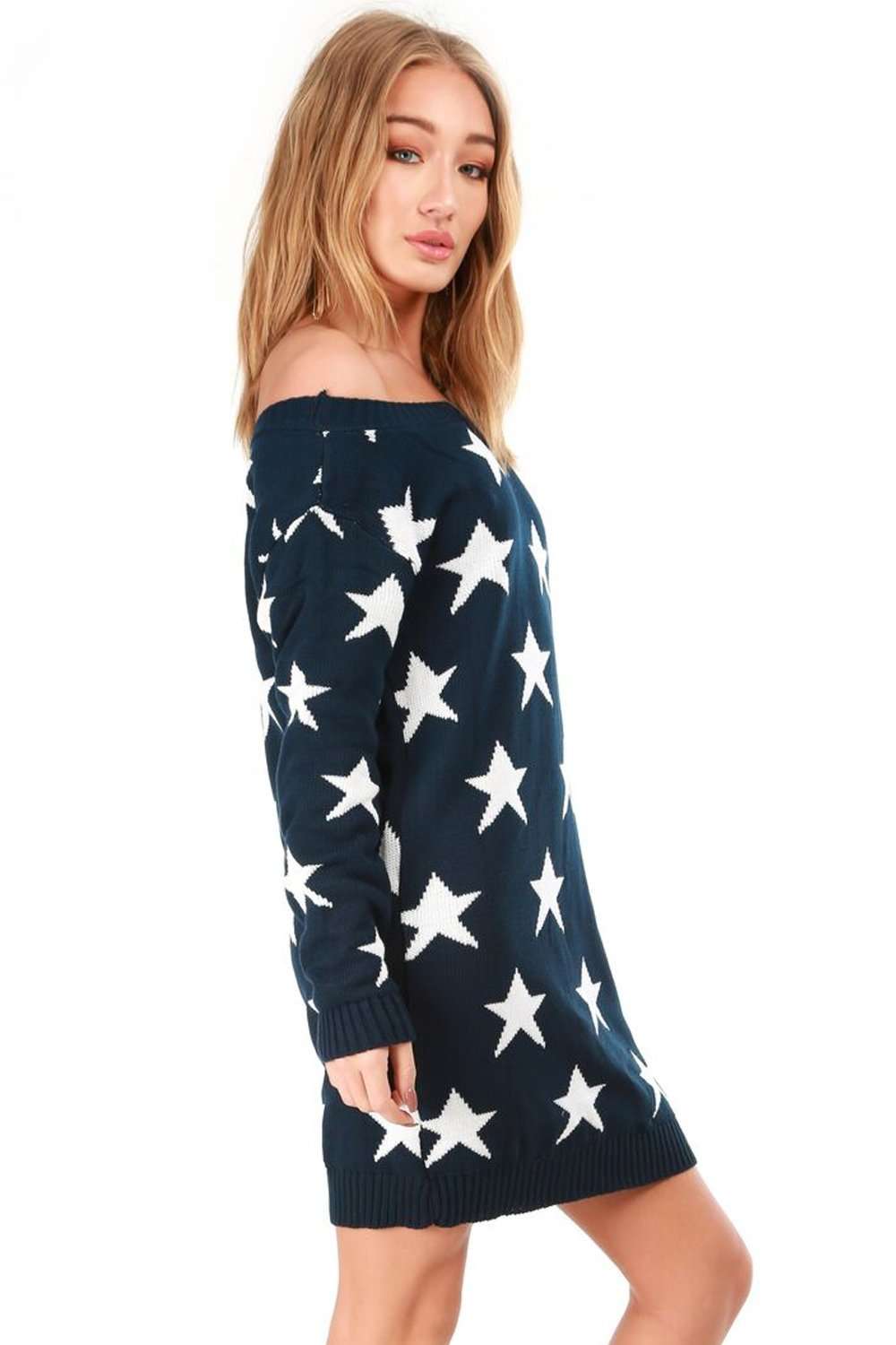 Ellia Bardot Star Print Knitted Jumper Dress - bejealous-com