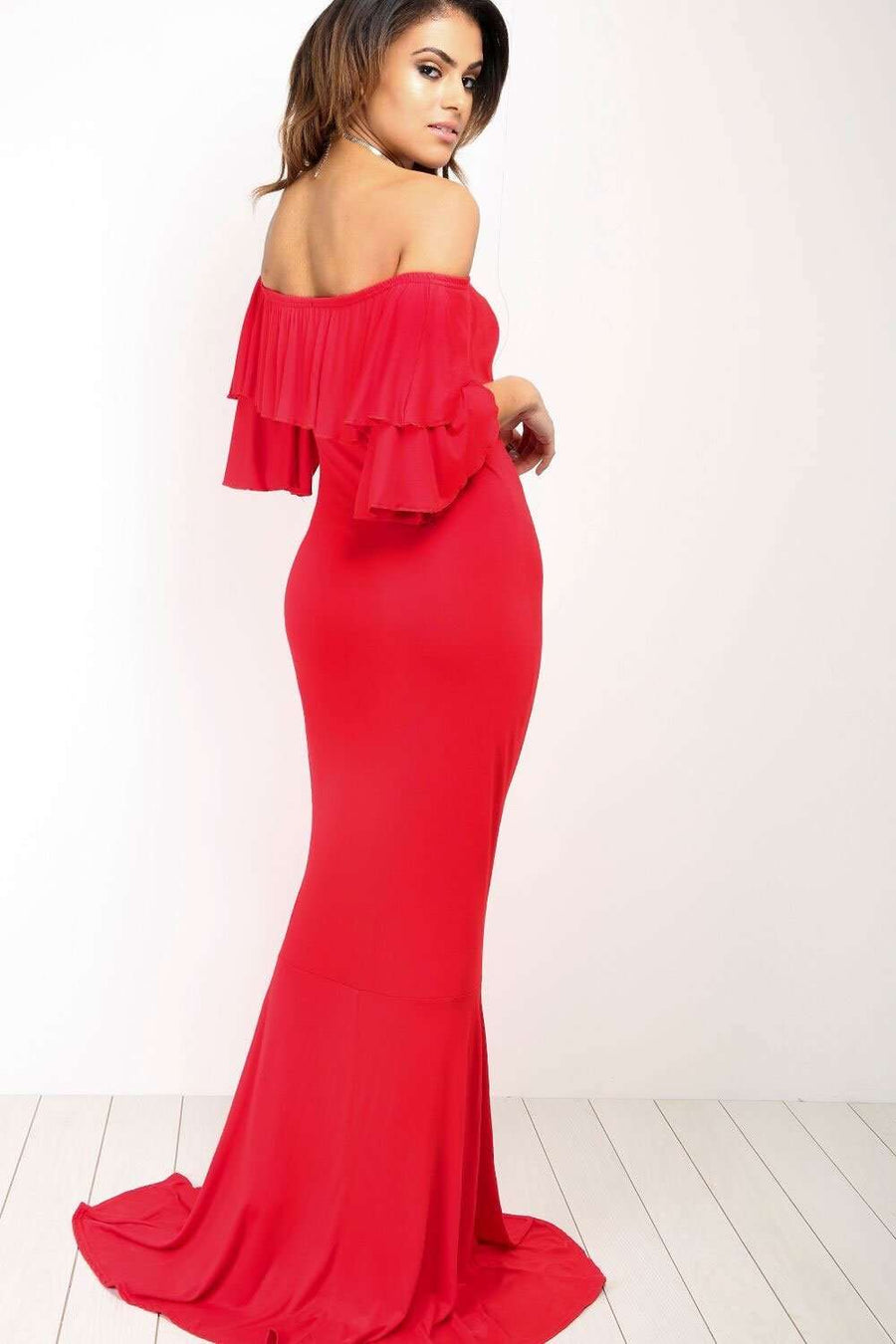 Ellie Bardot Frill Sleeve Fishtail Maxi Dress - bejealous-com