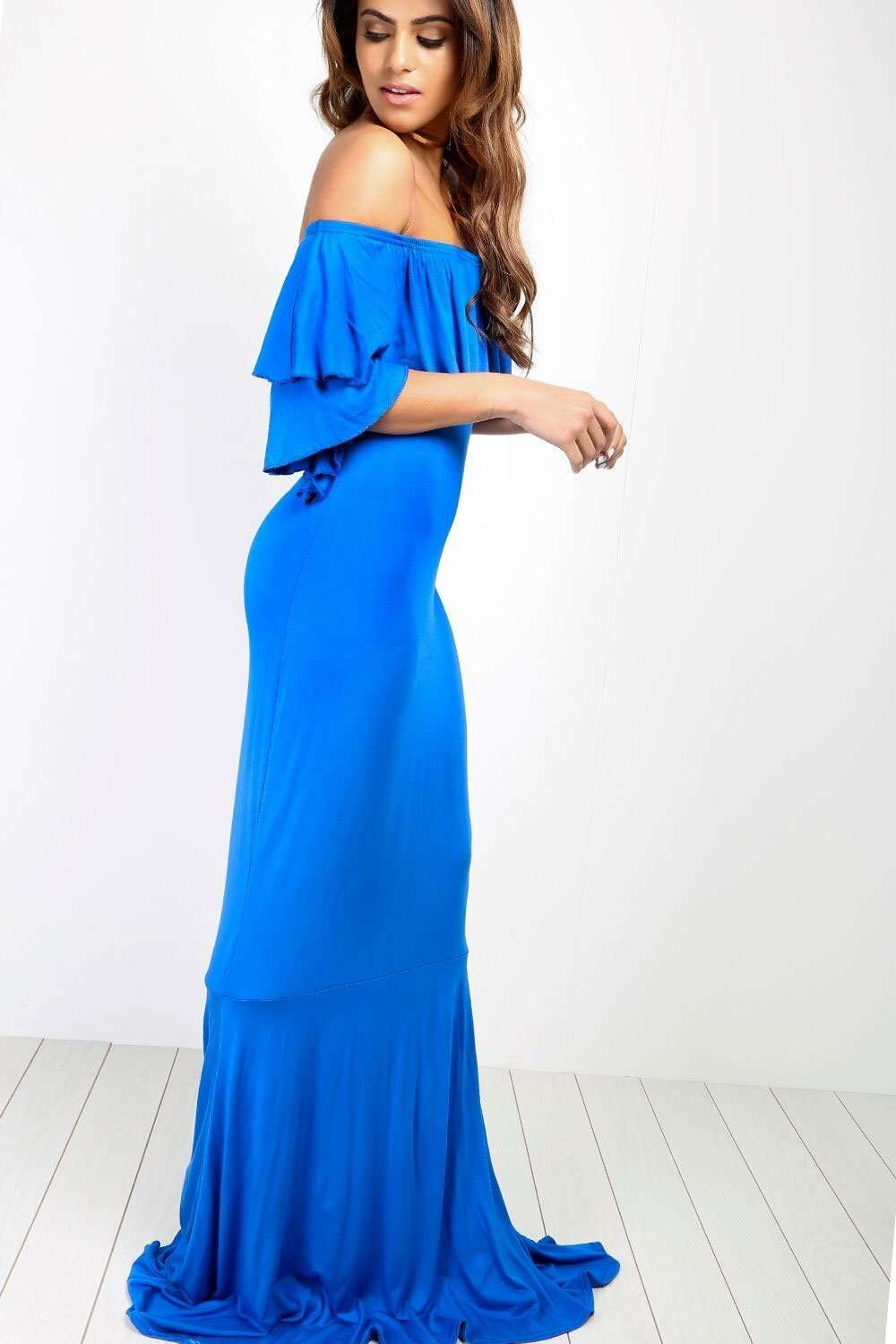 Ellie Bardot Frill Sleeve Fishtail Maxi Dress - bejealous-com