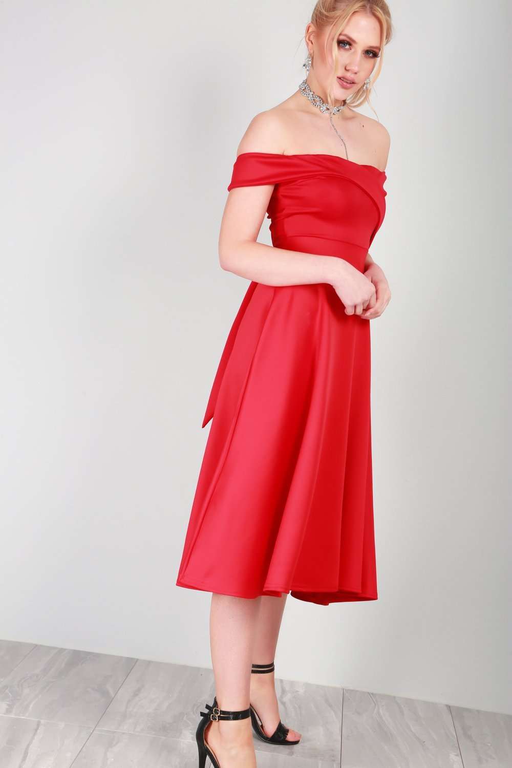 Ellie Off Shoulder Midi Skater Dress - bejealous-com